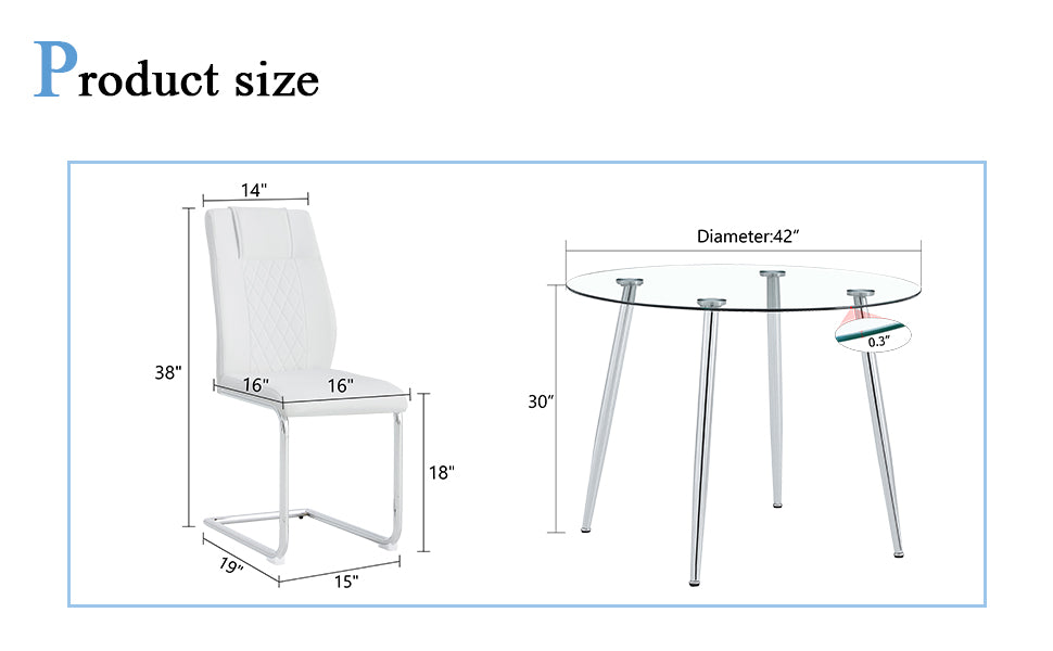 Table And Chair Set.A Modern Minimalist Round Dining Table With Transparent Tempered Glass Top And Silver Metal Legs,And 4 Chairs With Pu Backrest And Seat Cushion And Silver C Tube Metal Legs. Transparent,White Seats 4 Glass Metal