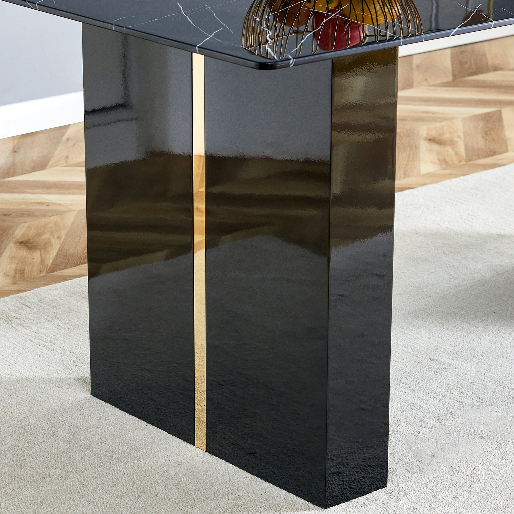 Large Modern Rectangular Table With Black Patterned Countertop And Large Mdf Legs For Kitchen, Dining Room And Living Room To Create A Different Atmosphere For A Home Environment. Black Mdf