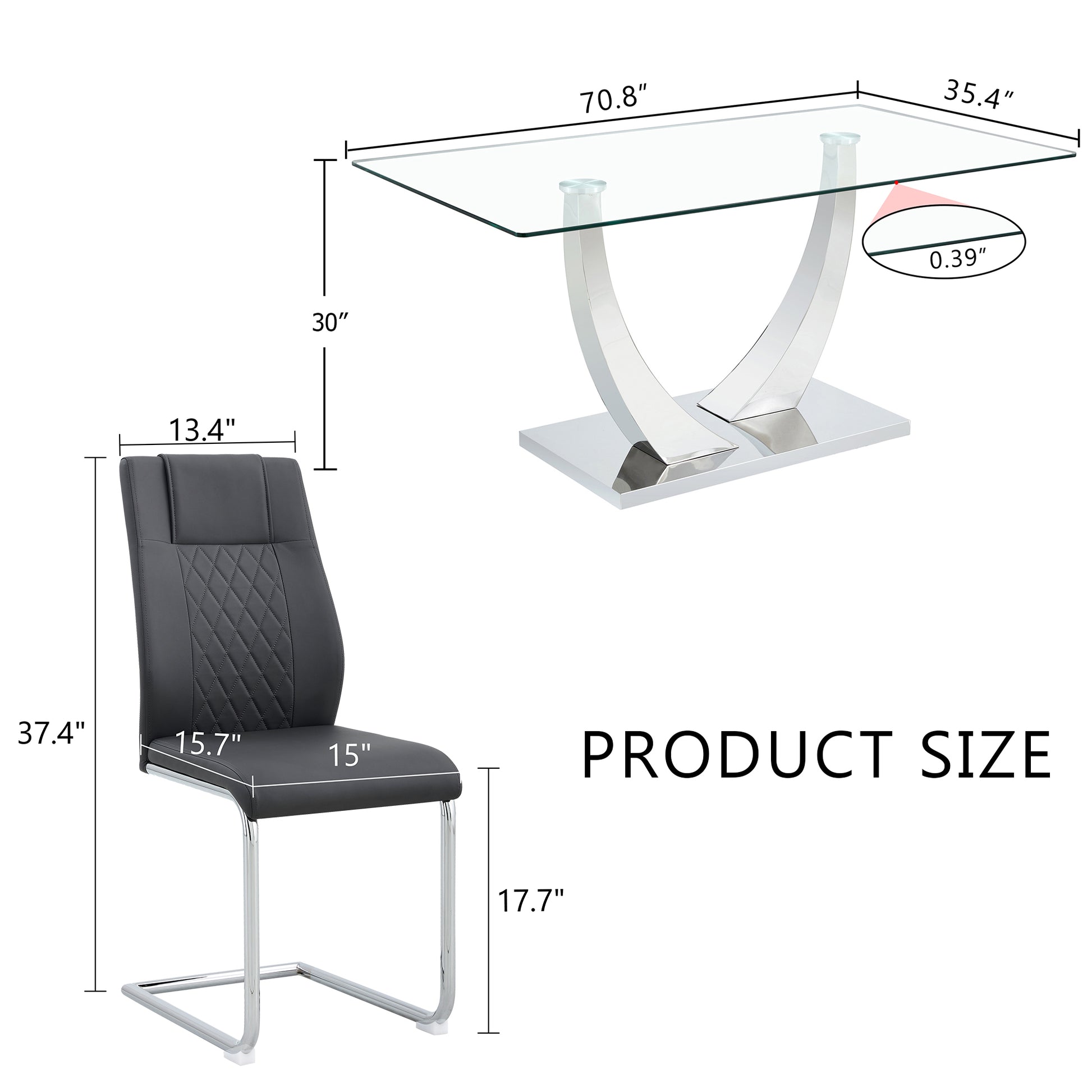 Table And Chair Set.Contemporary, Minimalist Rectangular Dining Table Featuring A Clear Tempered Glass Top And Sleek Silver Legs. Paried With Chairs Made Of Pu Material Cushion And Silver Metal Legs. Black Seats 8 Glass Metal