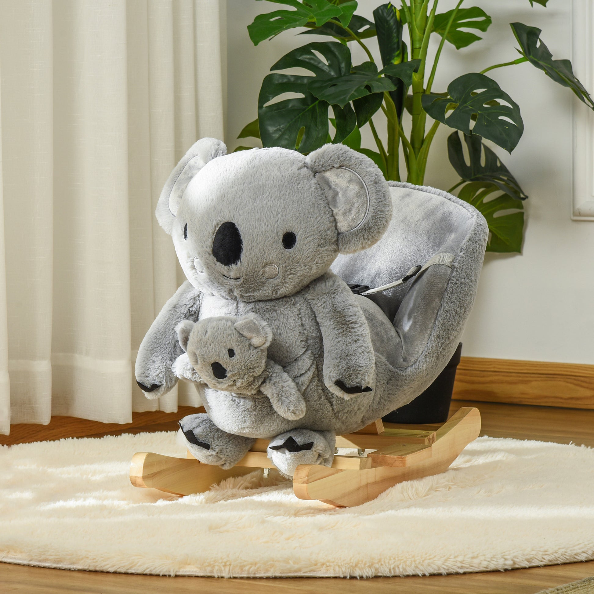 Qaba Kids Ride On Rocking Horse, Koala Shaped Rocker With Realistic Sounds For Children 18 36 Months, Gray Grey Cotton