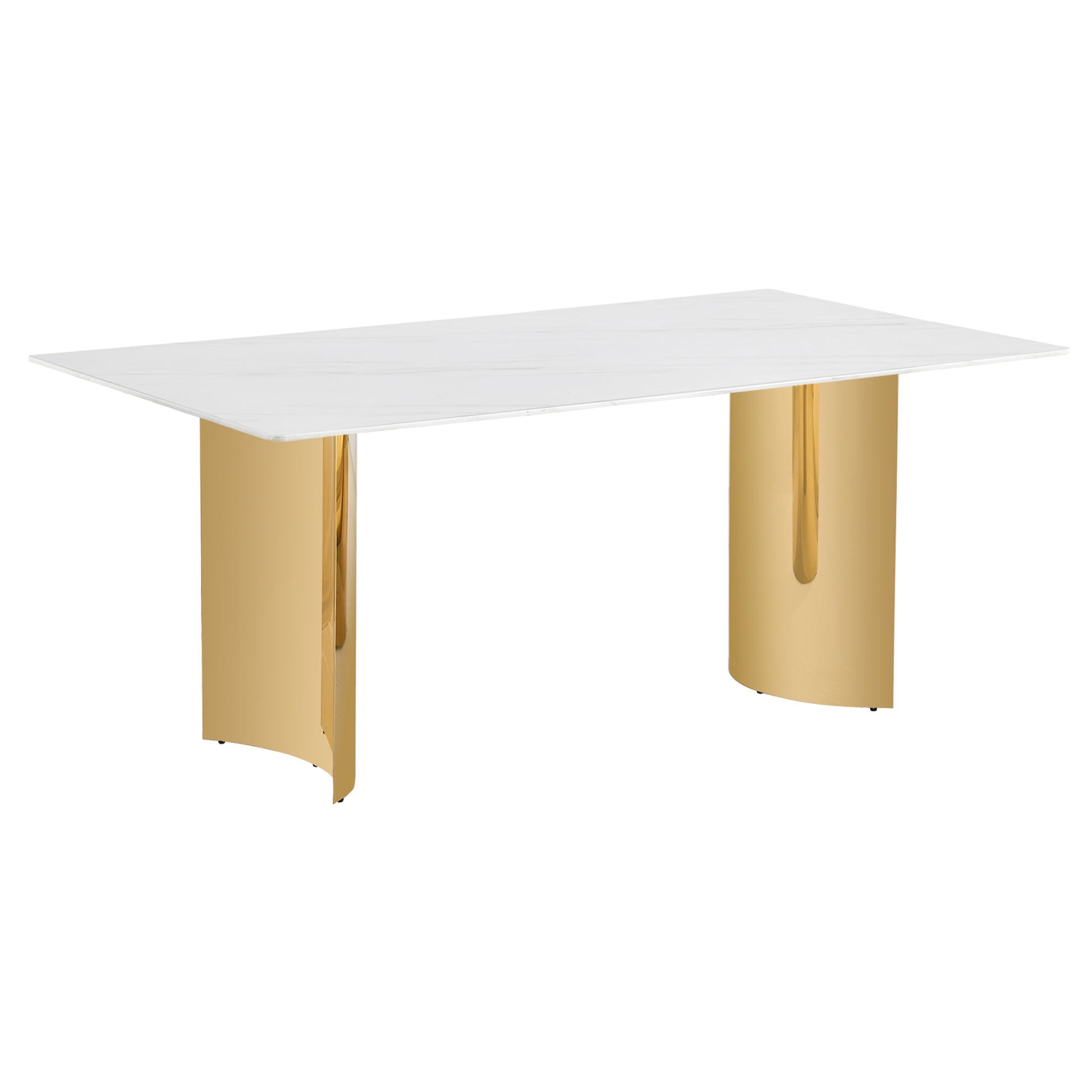 Table And Chair Set.The Table Has A Glass Tabletop With Imitation Marble Pattern Stickers And Stainless Steel Golden Table Legs. Paried With Comfortable Chairs With Pu Seats And Metal Legs. White Gold Seats 6 Glass Metal