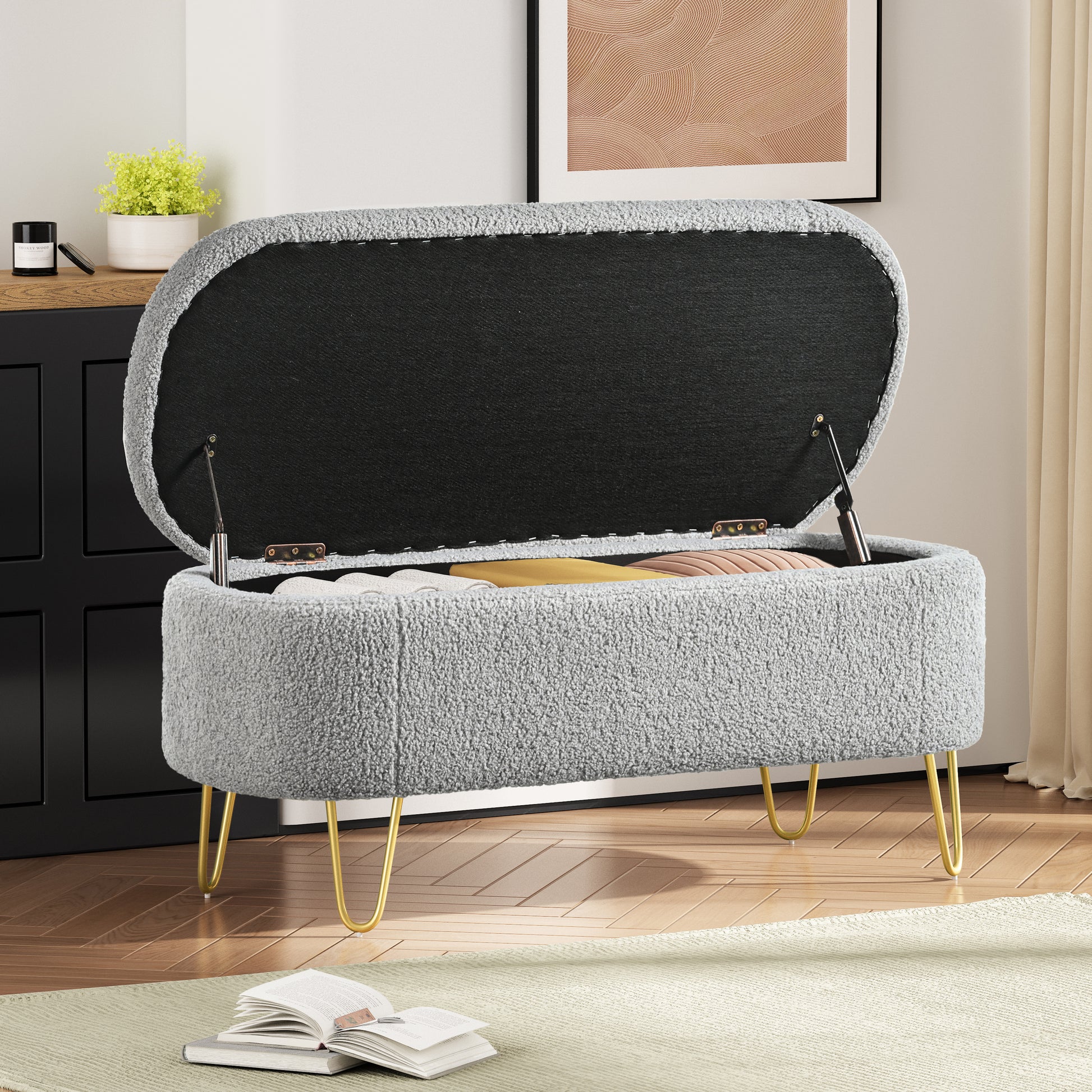 Oval Storage Bench For Living Room Bedroom End Of Bed, Upholstered Storage Ottoman Entryway Bench With Metal Legs,Grey Wood Primary Living Space Solid Grey Pine With Storage Grey Polyester Polyester Or Polyester Blend Backless Modern Oval Flip Top