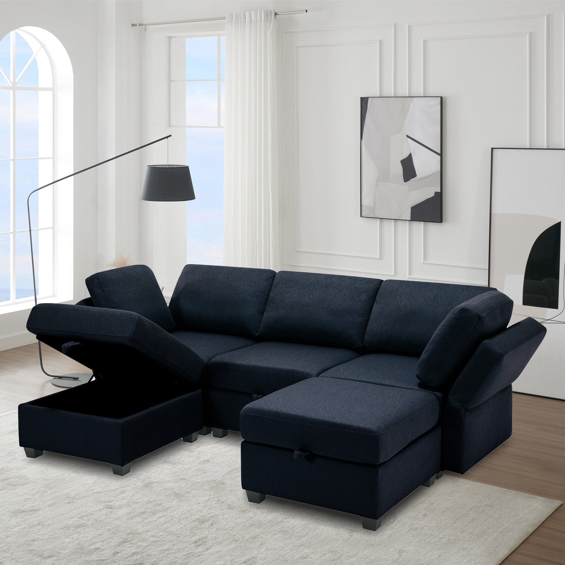 Reversible Sectional Sofa Modern Modular Sectional Couch With Chaise U Shaped Corner Sectional 5 Seater Modular Sofa With Storage Seats, Adjustable Arms And Backs Blue Blue Polyester 3 Seat