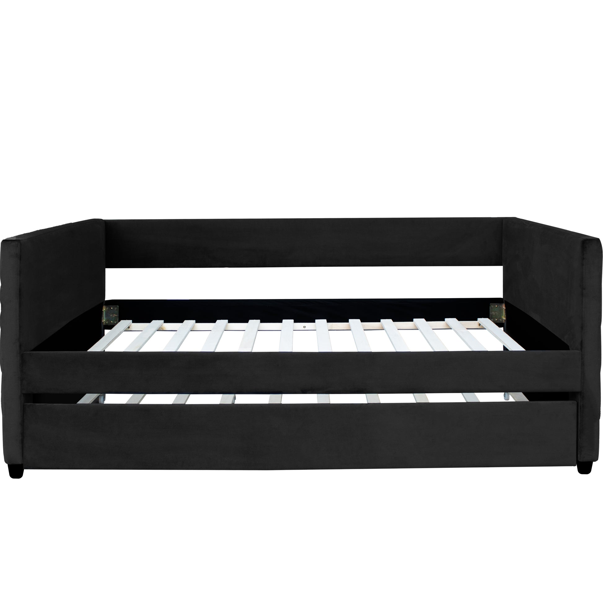 Black Upholstered Twin Size Daybed With Trundle, Velvet Fabric, Gold Iron Bar Design, No Springs Required, Moderen Style Box Spring Not Required Twin Black Wood Espresso Bedroom Minimalist,Modern,Ultra Modern Rubberwood Fiber Foam And Polyester Fiber Pad