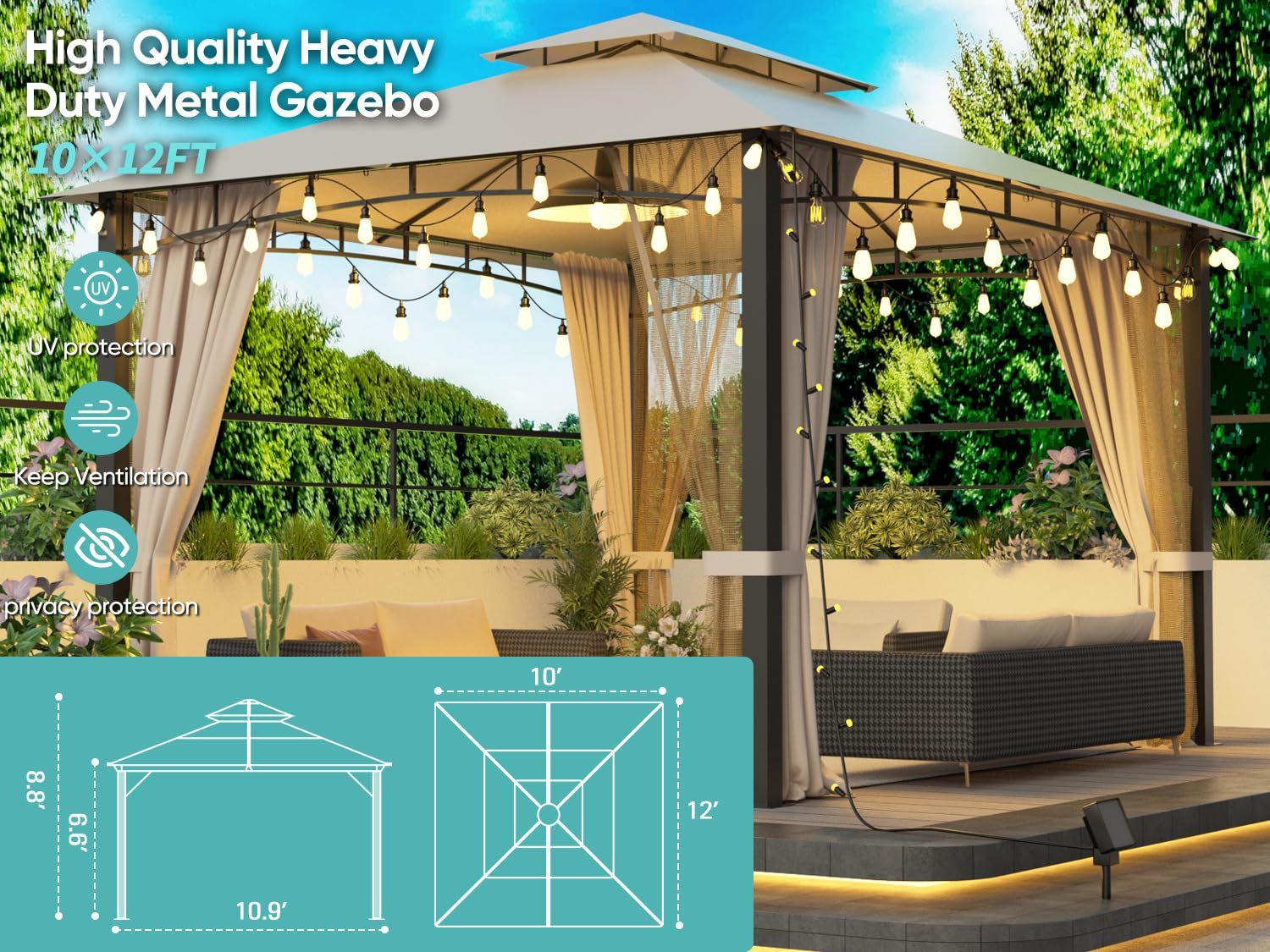 10X12 Softtop Metal Grill Gazebo With Mosquito Net&Sunshade Curtains,Heavy Duty Double Roof Canopy,Galvanized Steel Design Outdoor Tent,Suitable For Gardens,Patio,Backyard Beige Rectangular None Garden & Outdoor Water Resistant Gazebos Fabric Metal