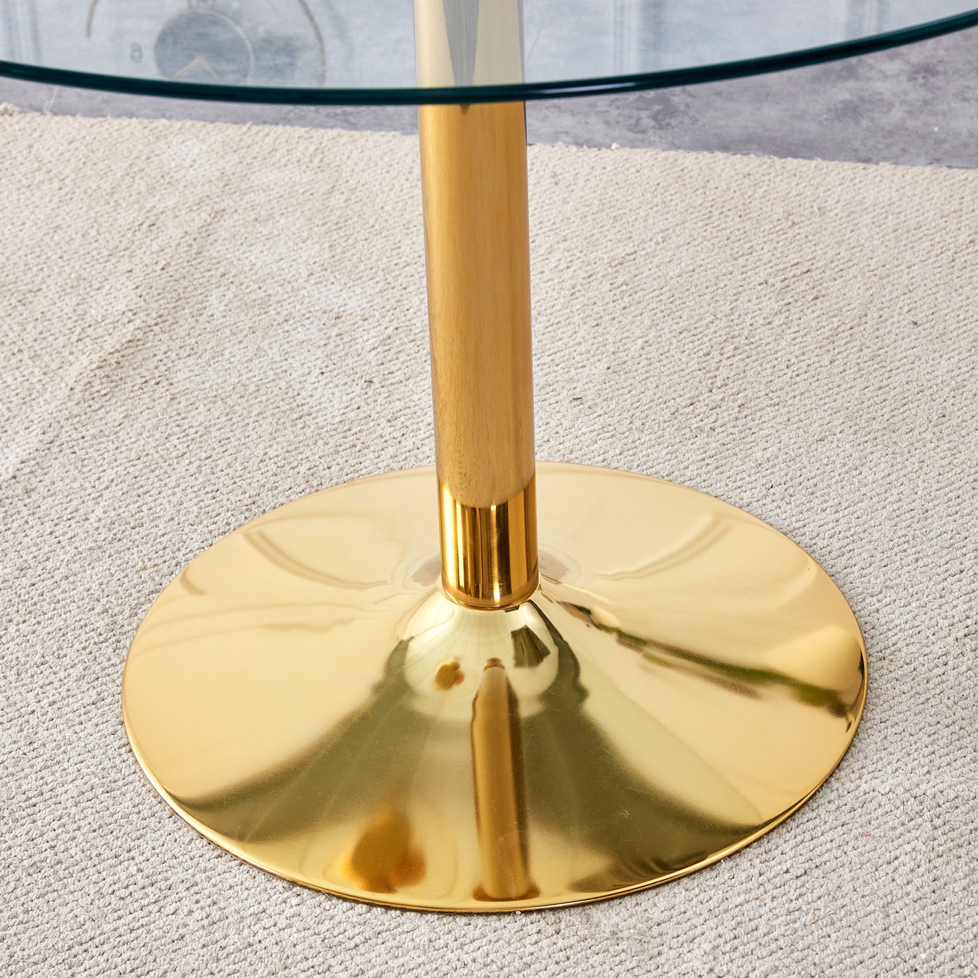 A 42 Inch Diameter Glass Top And A Modern, Minimalist Round Dining Table With Gold Metal Legs. Ideal For Dining Rooms, Living Rooms And Meeting Rooms. Model: Dt 1166 Gold Glass Metal