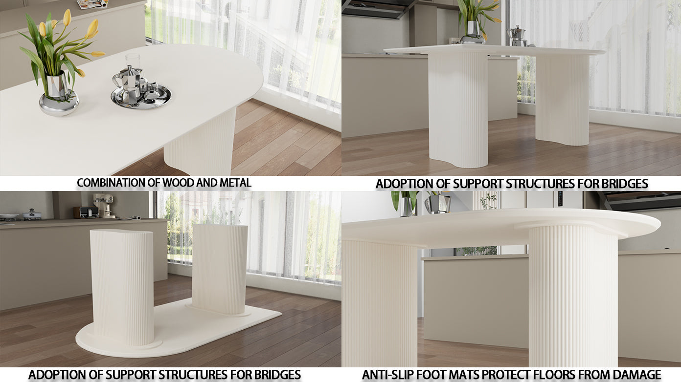 63 "Modern Fashion Mdf Cream Style Coffee Table And Irregular Side Table, 4 8 Person Dining Table, Thick Engineering Wood Round Wave Table Legs, Home Kitchen Thick Elegant Cream White Table Top Cream White Mdf