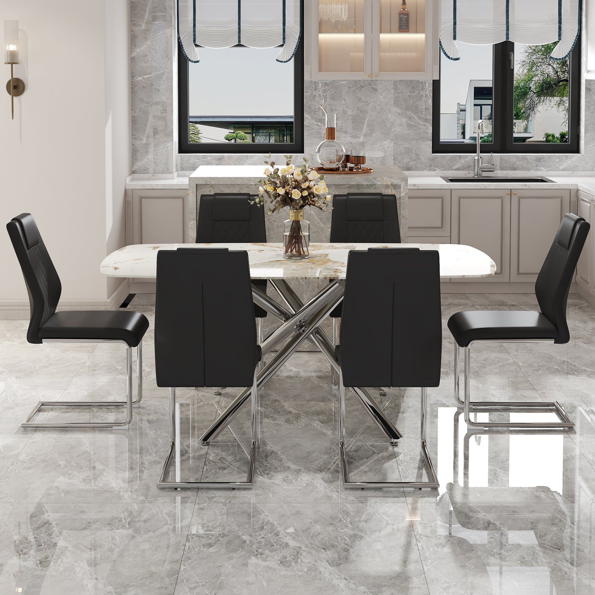 Table And Chair Set, Large Modern Minimalist Rectangular Dining Table, 0.39 "Imitation Marble Tabletop And Silver Metal Legs, Soft Leather Seats. F 1537 Silver Glass Metal