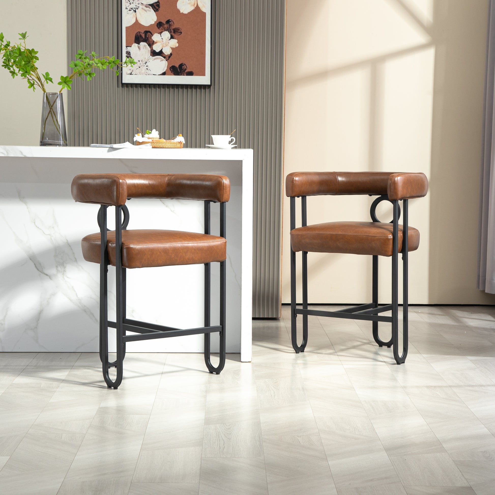Coolmore Bar Stools Set Of 2, Modern Bar Stool With Back, Black Metal Frames, Upholstered Bar Stools For Kitchen Island, Pub, Club Light Brown Pu Light Brown Dining Room Foam Pu Leather