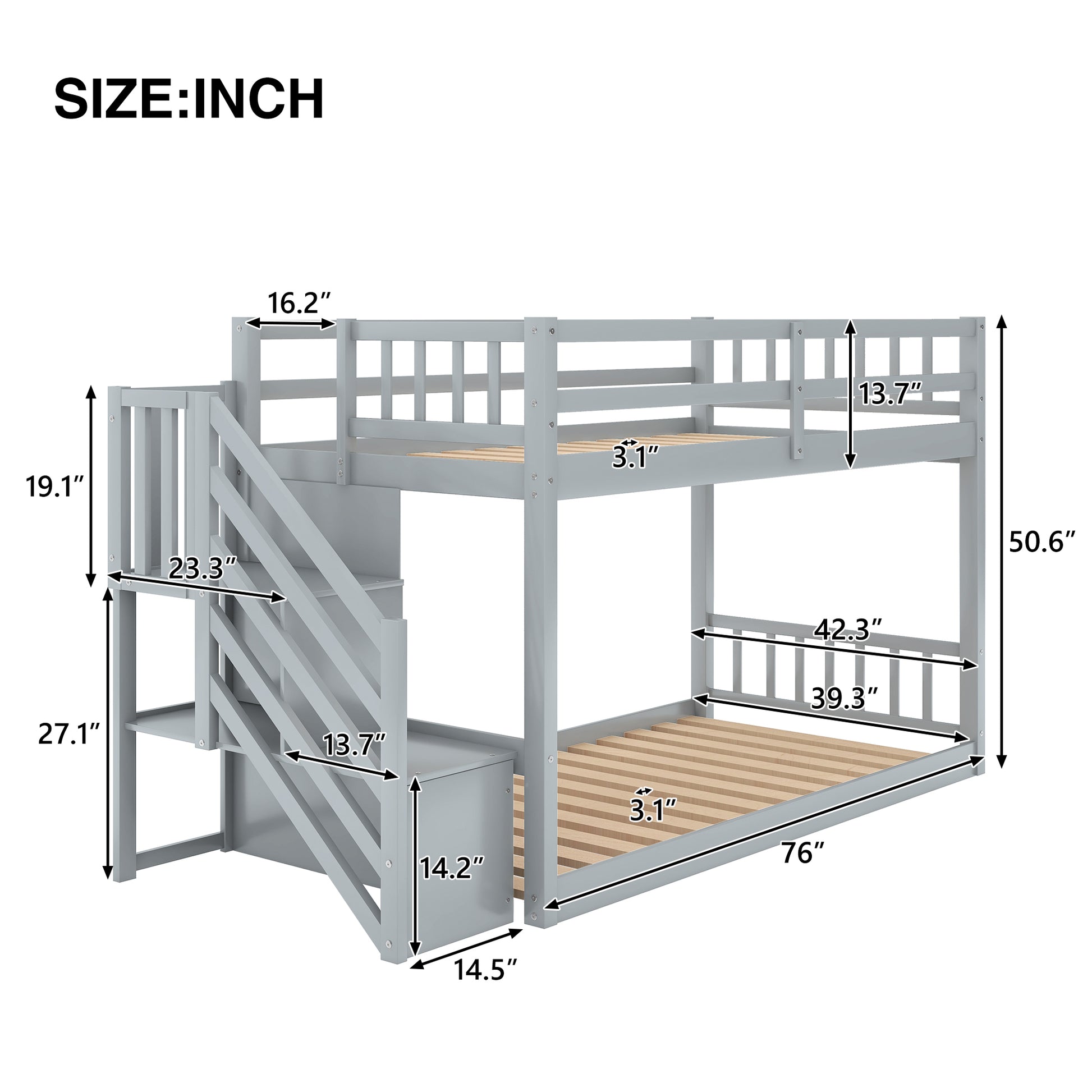 Twin Over Twin Floor Bunk Bed, Ladder With Storage, Gray Twin Gray Pine