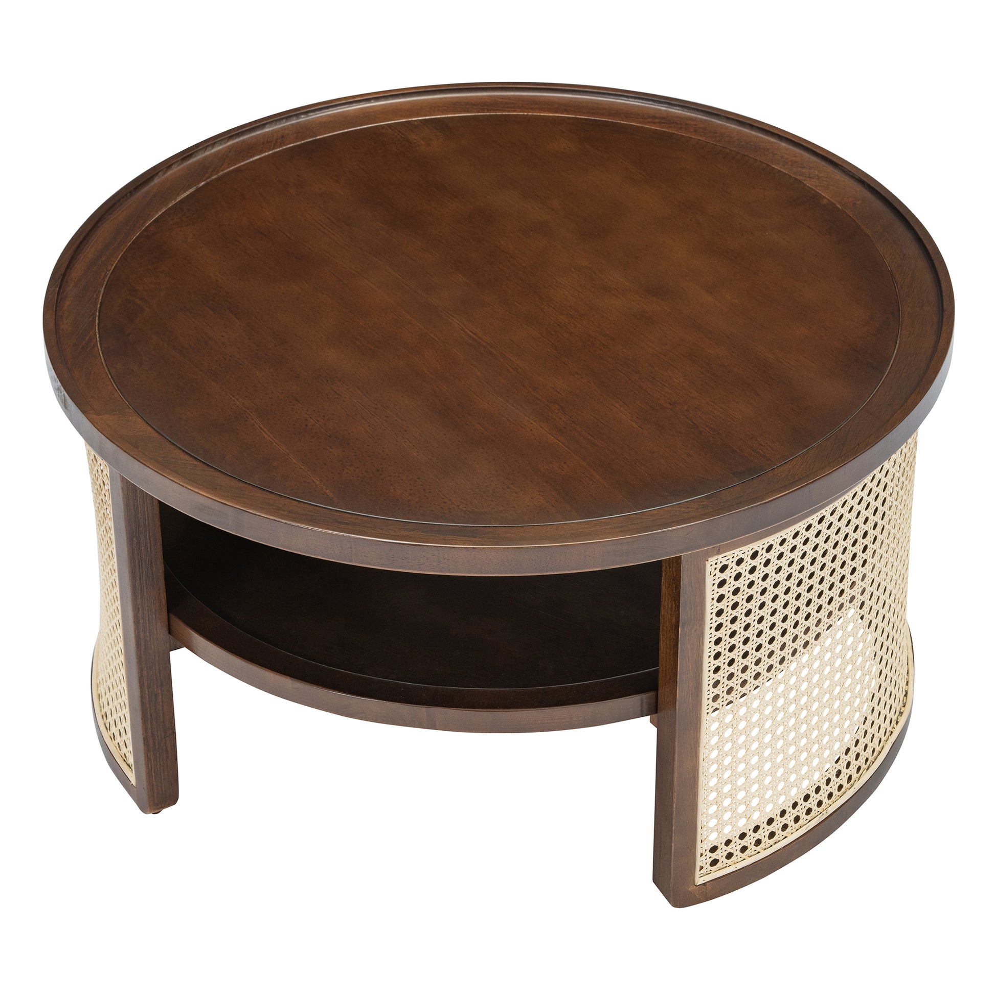 2 Tiered Round Walnut Wood Coffee Table With Storage Rattan Base In 31.3'' Walnut Rubber Wood