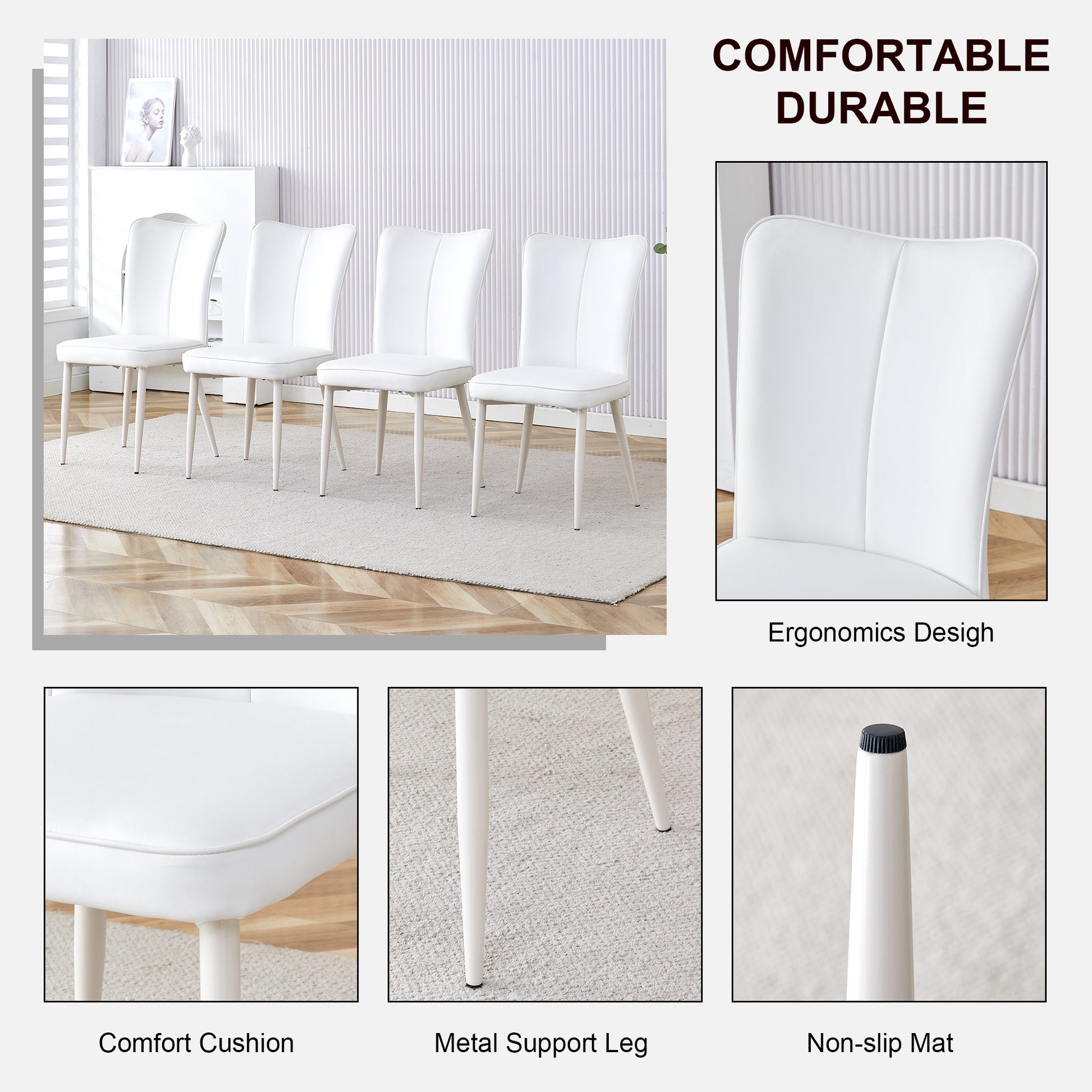 Modern Minimalist Dining Chair, White Pu Leather Curved Back And Seat Cushion, White Metal Chair Legs, Suitable For Dining Room, Bedroom, Living Room. A Set Of Four Chairs. 008 White Pu