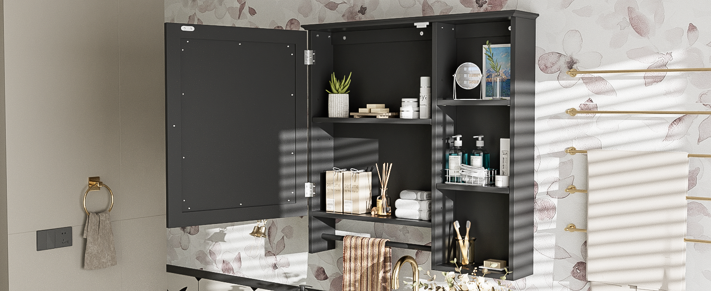 Wall Mounted Bathroom Storage Cabinet, Medicine Cabinets With Large Mirror Door, Adjustable Shelves And Three Open Storage Levels Not Include Bathroom Vanity Black 1 5 Mirror Included Bathroom Wall Mounted Mdf Glass Painted