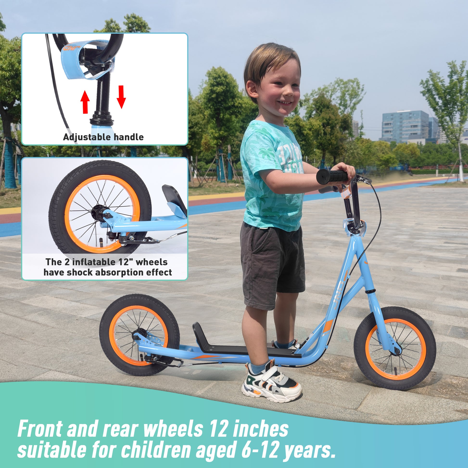 Youth Scooter Kick Scooter For Kids 6 With Adjustable Handlebar, 12 Inch Inflatable Wheels ,Widened Non Slip Footboard Cycling Blue Garden & Outdoor Steel