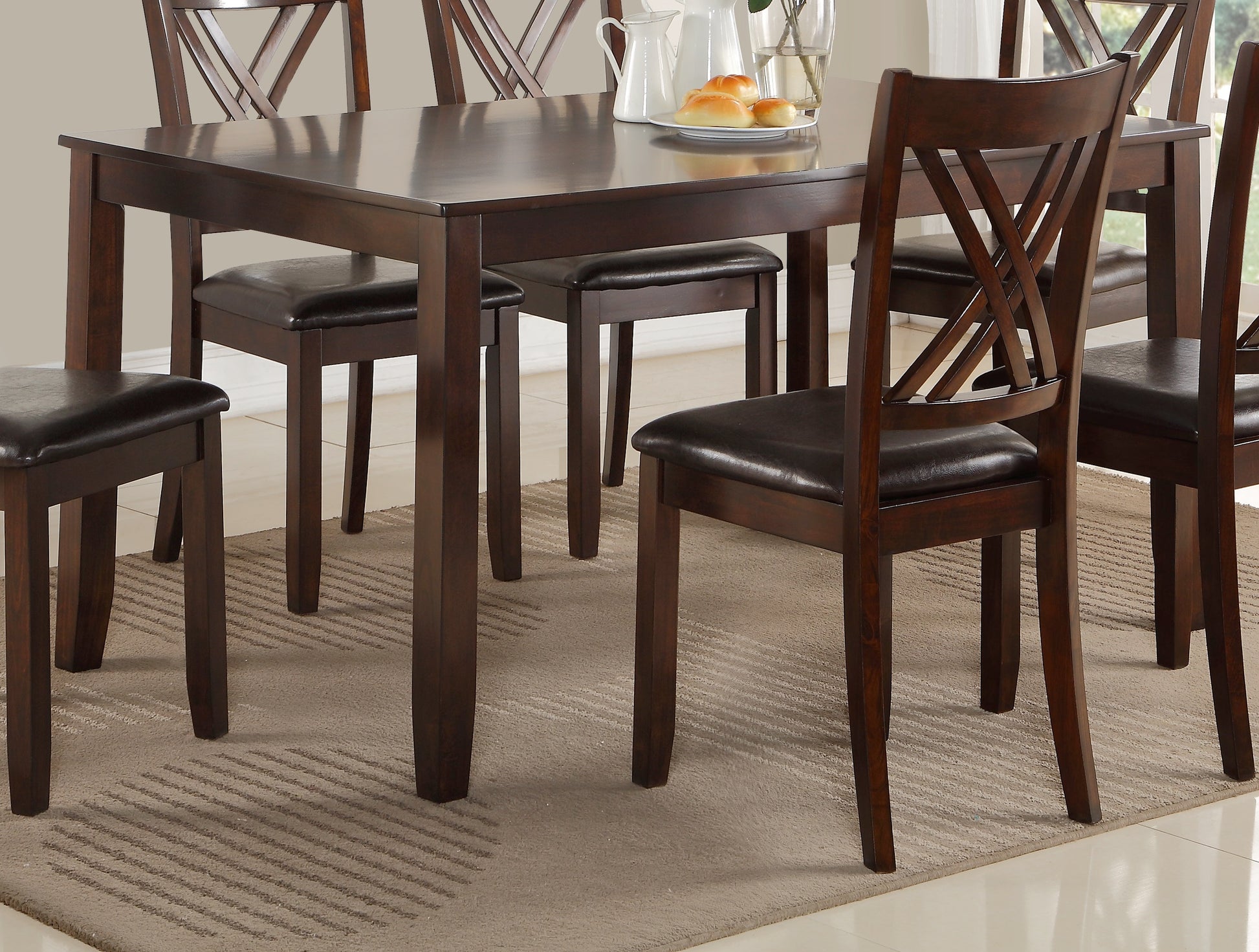 7 Pc Dinette Set Brown Espresso Finish Rectangular Table Pu Upholstered Chairs Transitional Dining Room Wooden Dining Set Furniture Wood Wood Brown Seats 6 Wood Dining Room 60 Inches Fixed Table Transitional 4 Leg Rectangular Dining Table With Chair Wood