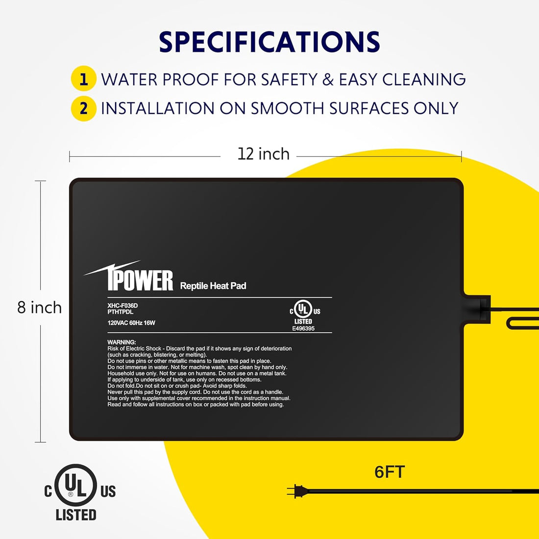 Reptile Heat Pad 8X12 Inch 16W Under Tank Terrarium Warmer Heating Mat For Turtle, Lizard, Frog, Snake, Reptile, And Other Small Animals Black Pvc