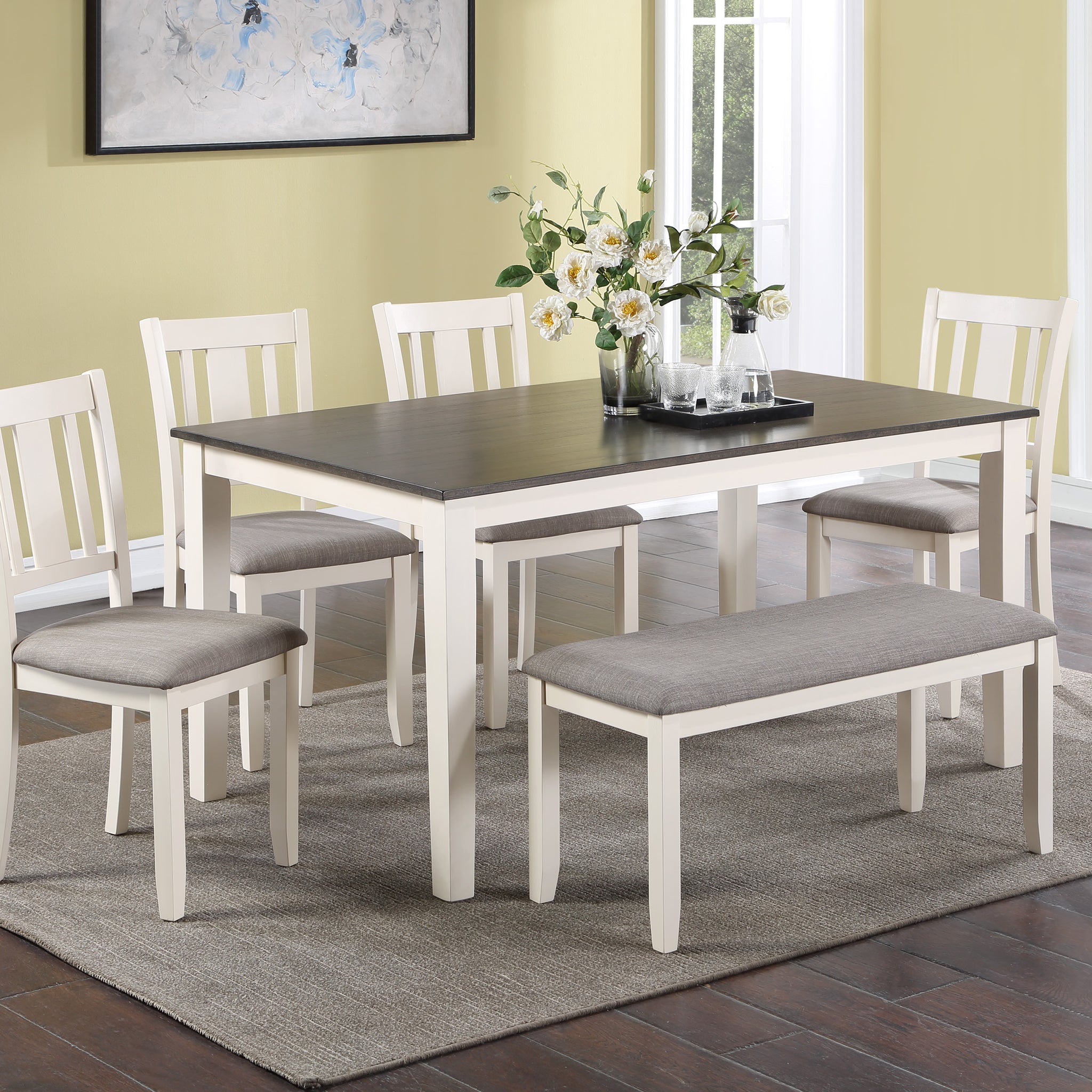 Beautiful 6 Pc Dinette Chalk Gray Finish Rectangular Table Upholstered Chair Bench Dining Room Wooden Dining Set Furniture Transitional Contemporary Style Wood Wood Antique White Gray Seats 6 Wood Dining Room 60 Inches Fixed Table Transitional 4 Leg