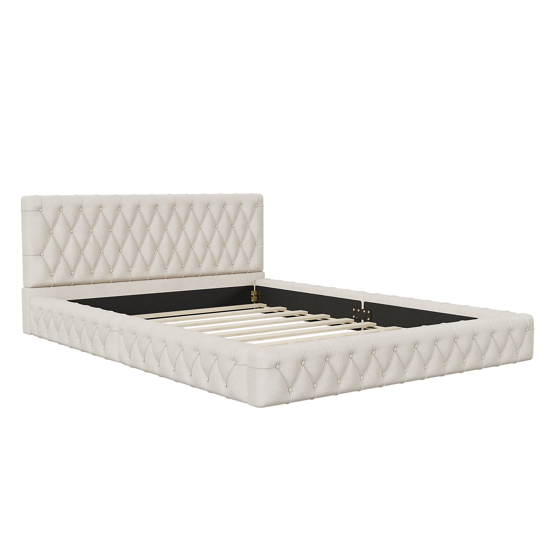 Queen Size Upholstered Bed With Tufted Headboard, Modern Velvet Platform Bedno Box Spring Required, White Queen White Solid Wood Mdf