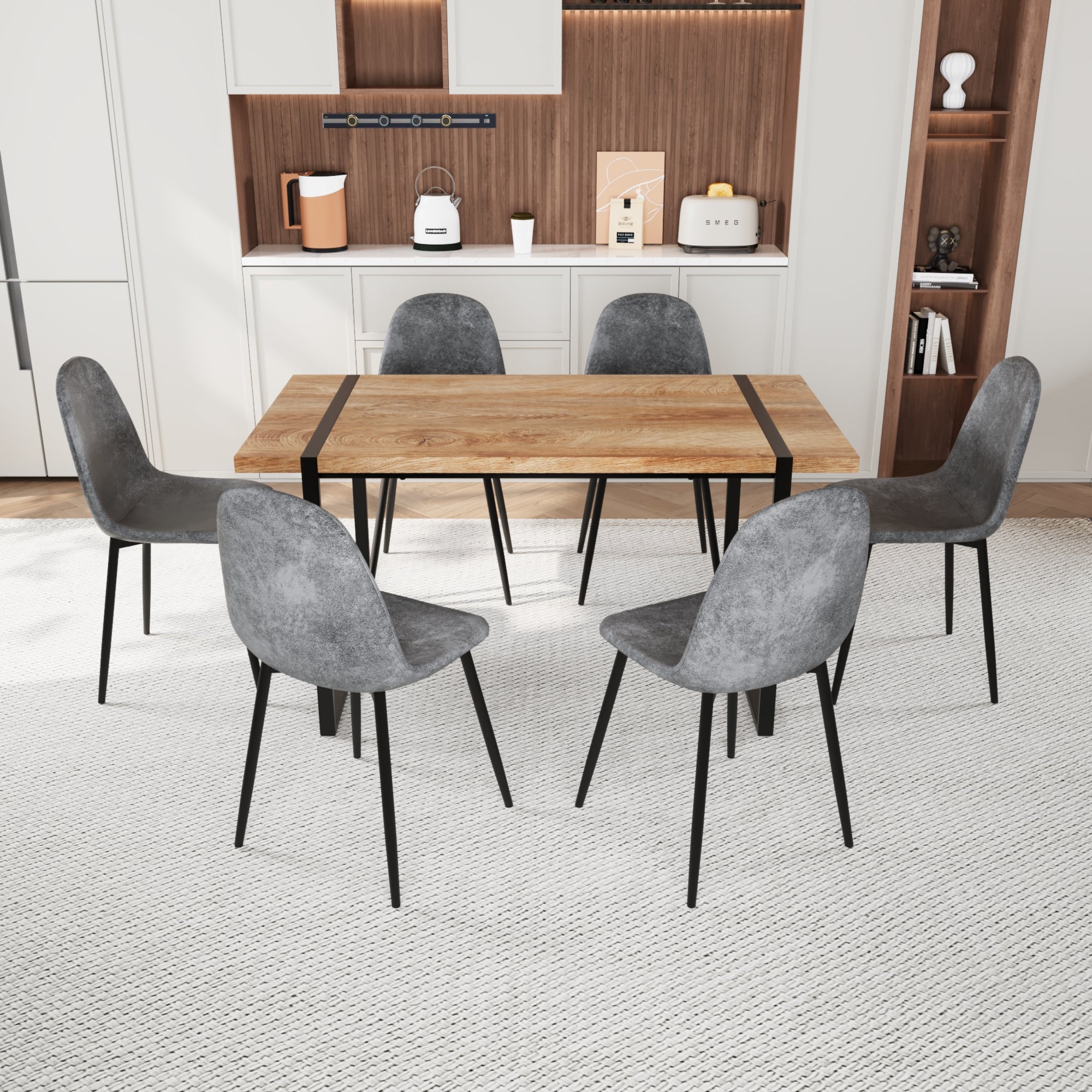 Mdf Natural Wood Dining Table And Modern Dining Chair Set Of 8 Pieces, Medieval Wooden Kitchen Dining Table Set, Black Metal Base, Dining Table And Suede Chair Set Buy 6 Chairs And Get 2 Free Grey