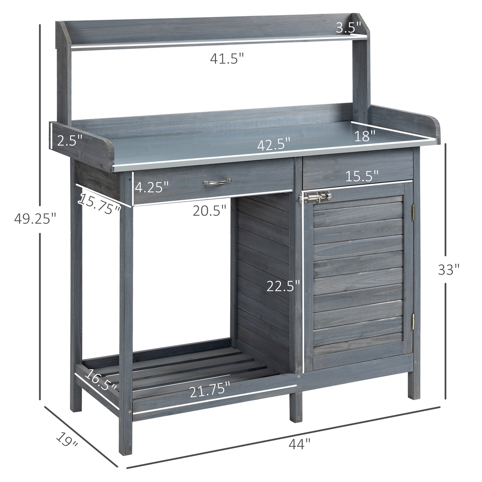 Outsunny Outdoor Potting Bench Table, Garden Work Station With Storage Cabinet, Open Shelf And Steel Tabletop, Gray Gray Wood