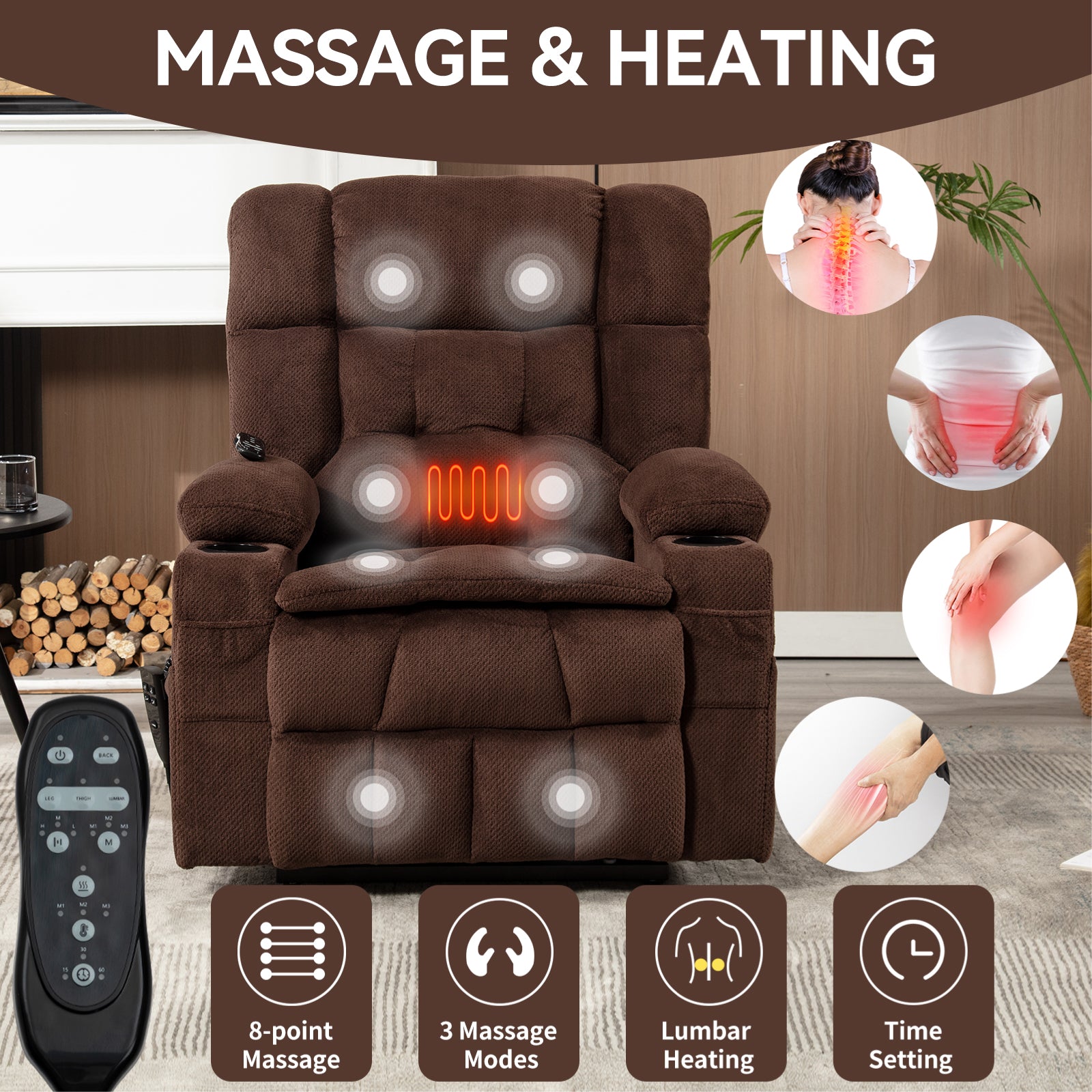 Brown Dual Motor Infinite Position Up To 350 Lbs Chenille Power Lift Recliner Chair, Heavy Duty Motion Mechanism With 8 Point Vibration Massage And Lumbar Heating, Dual Cup Holders White Metal