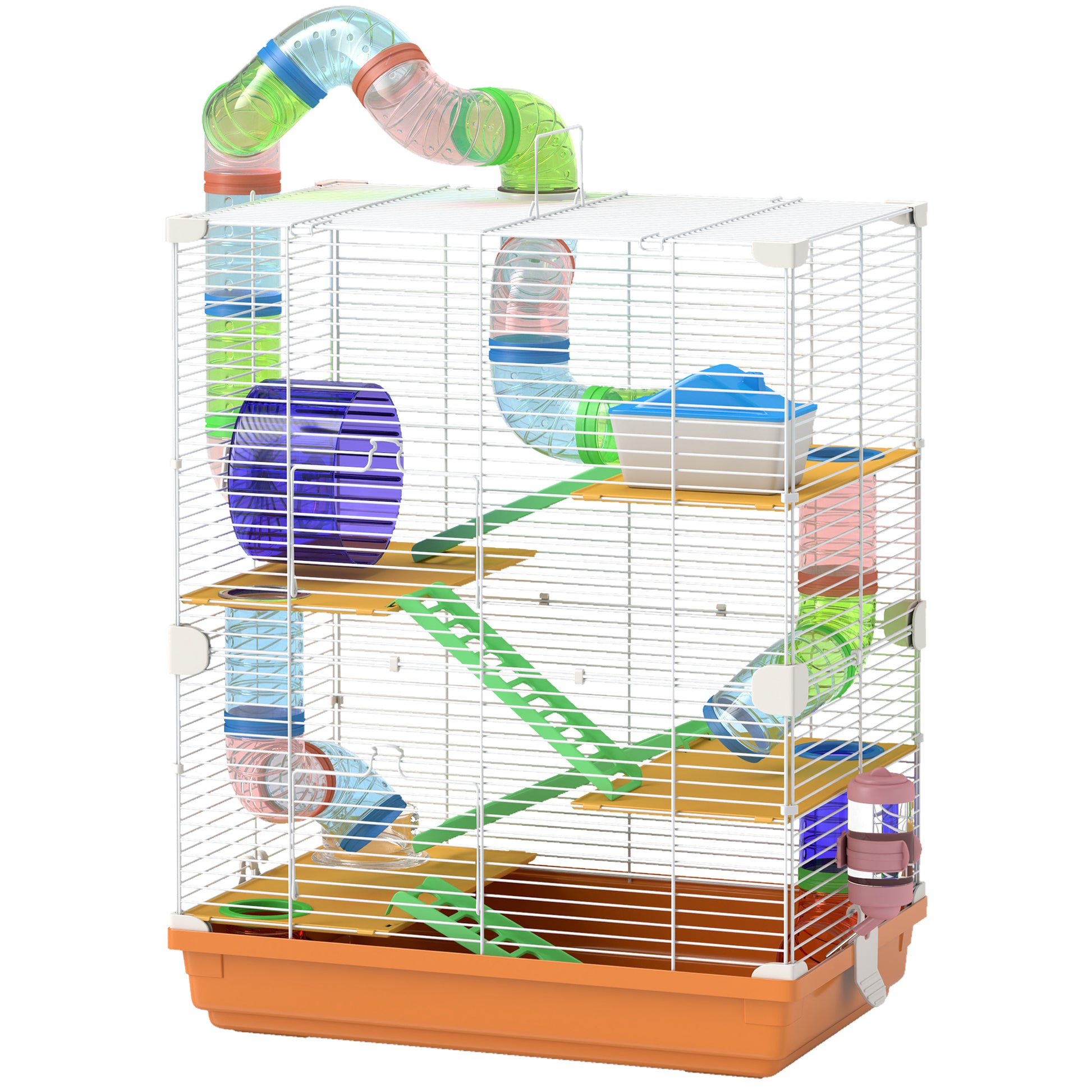 Pawhut 18" 5 Tier Hamster Cage With Tubes And Tunnels, Small Animal Cage With Portable Carry Handle, Gerbil Cage With Water Bottle, Food Dish, Exercise Wheel, Orange Orange Metal