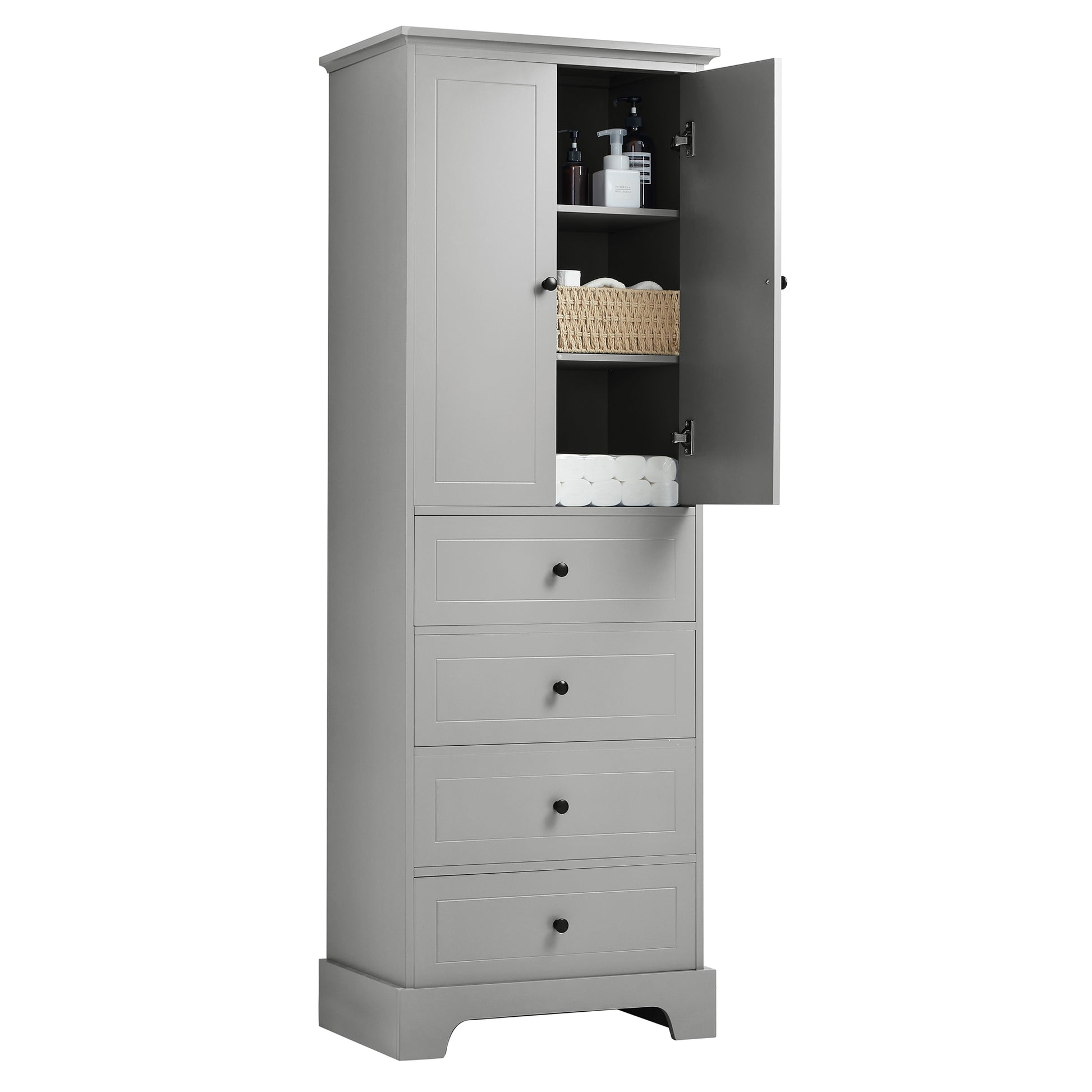 Storage Cabinet With 2 Doors And 4 Drawers For Bathroom, Office, Adjustable Shelf, Mdf Board With Painted Finish, Grey Grey Mdf