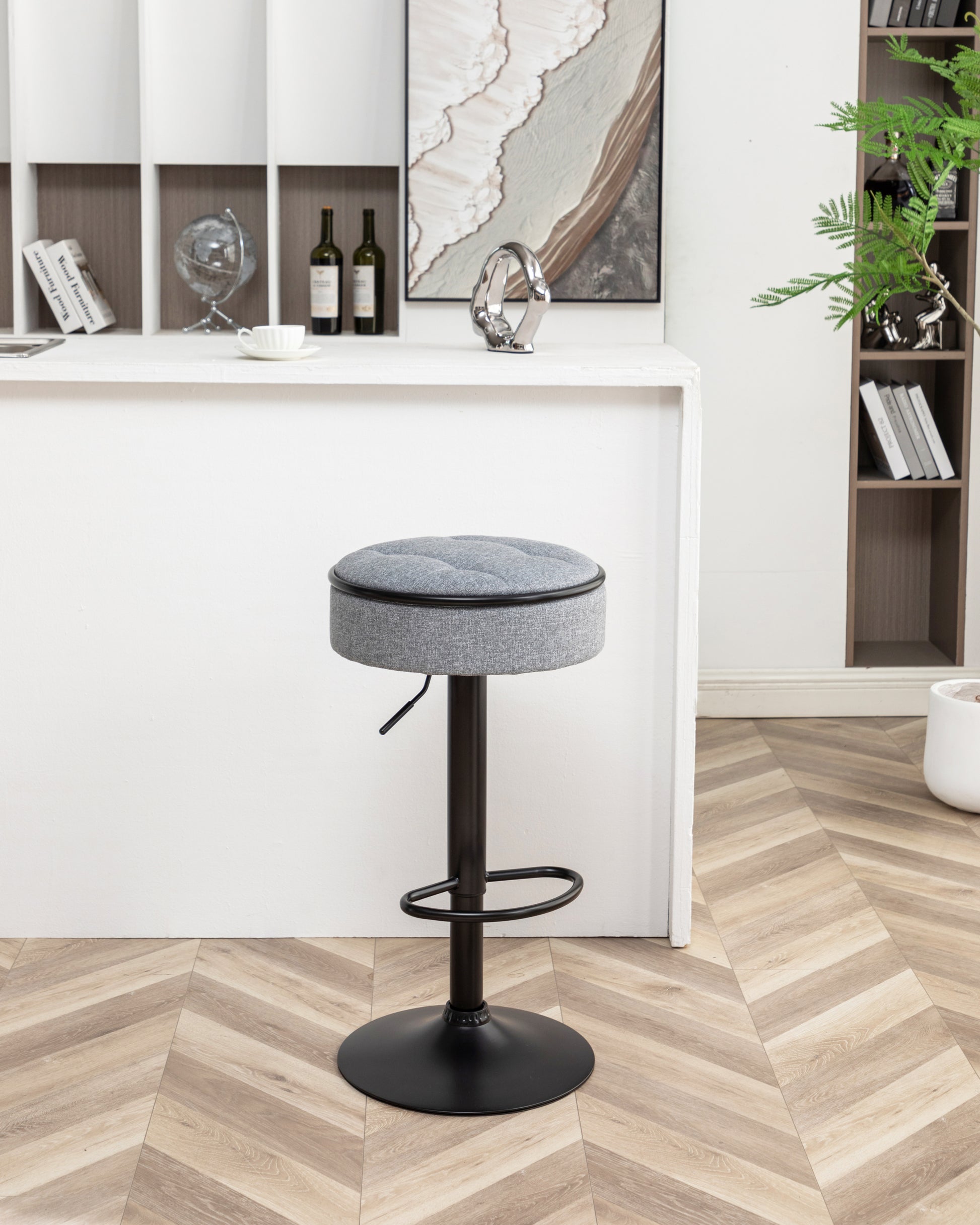 Round Storage Bar Stool Set Of 2, Grey Linen Height Adjustable Barstool, 360 Counter Height Swivel Stool, Armless Bar Chair With Metal Frame For Kitchen Counter Dining Living Room Grey Set Of 2 Foam Linen