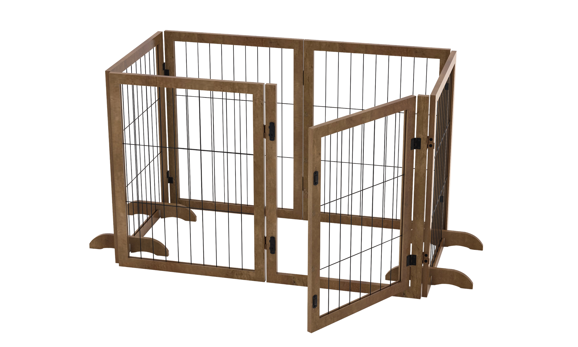 Dog Gate With Door Pet Dog Fence Barrier 6 Panels 144 Inch Wide 32 Inch Tall Foldable Multiple Shapes Freestanding With Support Feet Indoor Use For House Doorway Stairs Plant Stand Brown Pet Barrier Medium 26 40 Lbs Solid Wood