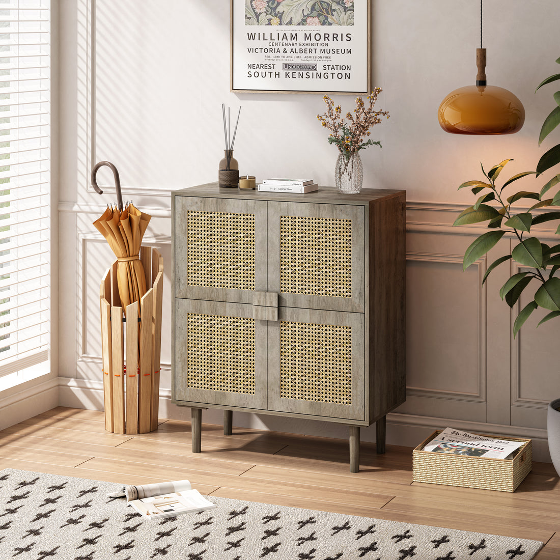 4 Doors Rattan Mesh Storage Cabinet, Sideboard With Eight Storage Spaces, For Entryway, Living Room, Hallway Grey With Woodgrain 5 Or More Shelves Grey Primary Living Space Adjustable Shelves Mdf