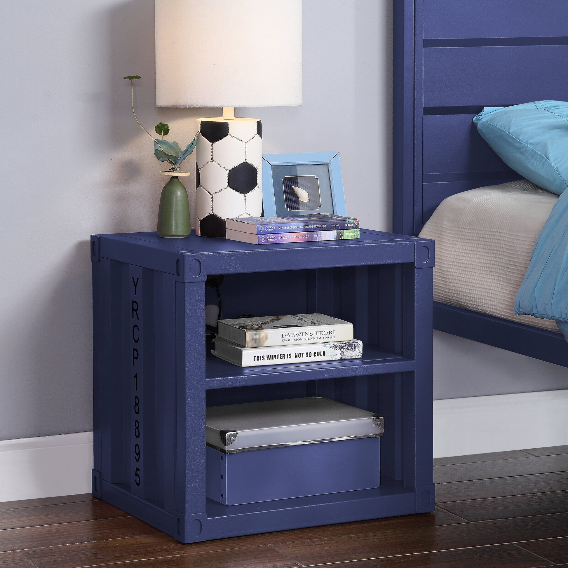 Blue Nightstand With Open Shelf Blue Bedroom Rectangle Contemporary,Industrial Shelf Metal