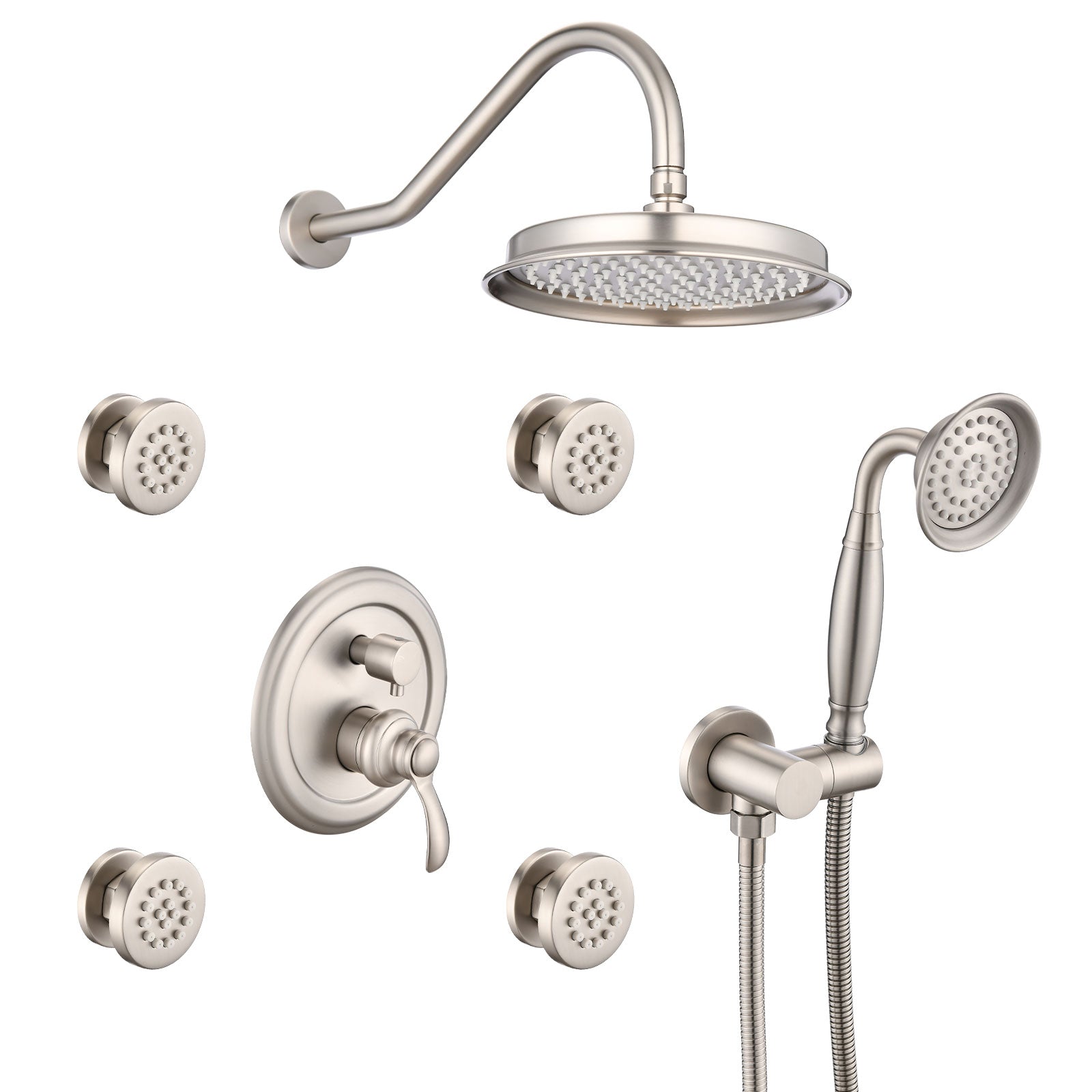 Brushed Nickel Shower System With Handheld And 4 Body Sprays Brushed Nickel Brass