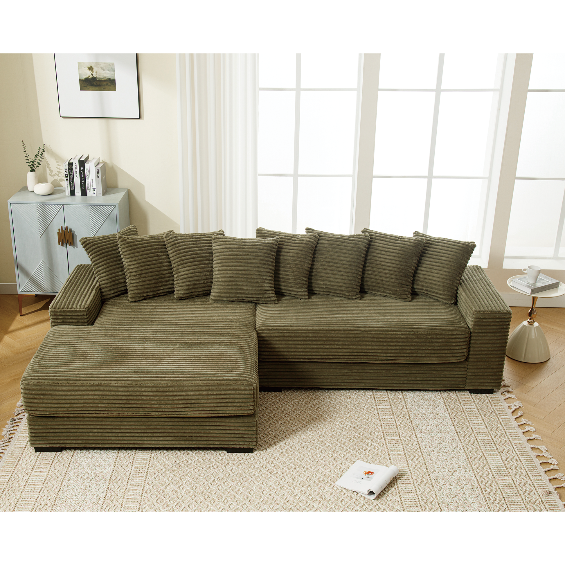 Arrived Oversized Two Piece Couches, L Shaped Sofa, Corduroy, Left Chaise Daybed,With Armrests,Eight Throw Pillows,Corner Sofa,Easy To Assemble, Green Green Polyester Wood Primary Living Space Medium Soft Pillow Back Modern Square Arms Wood 3 Seat