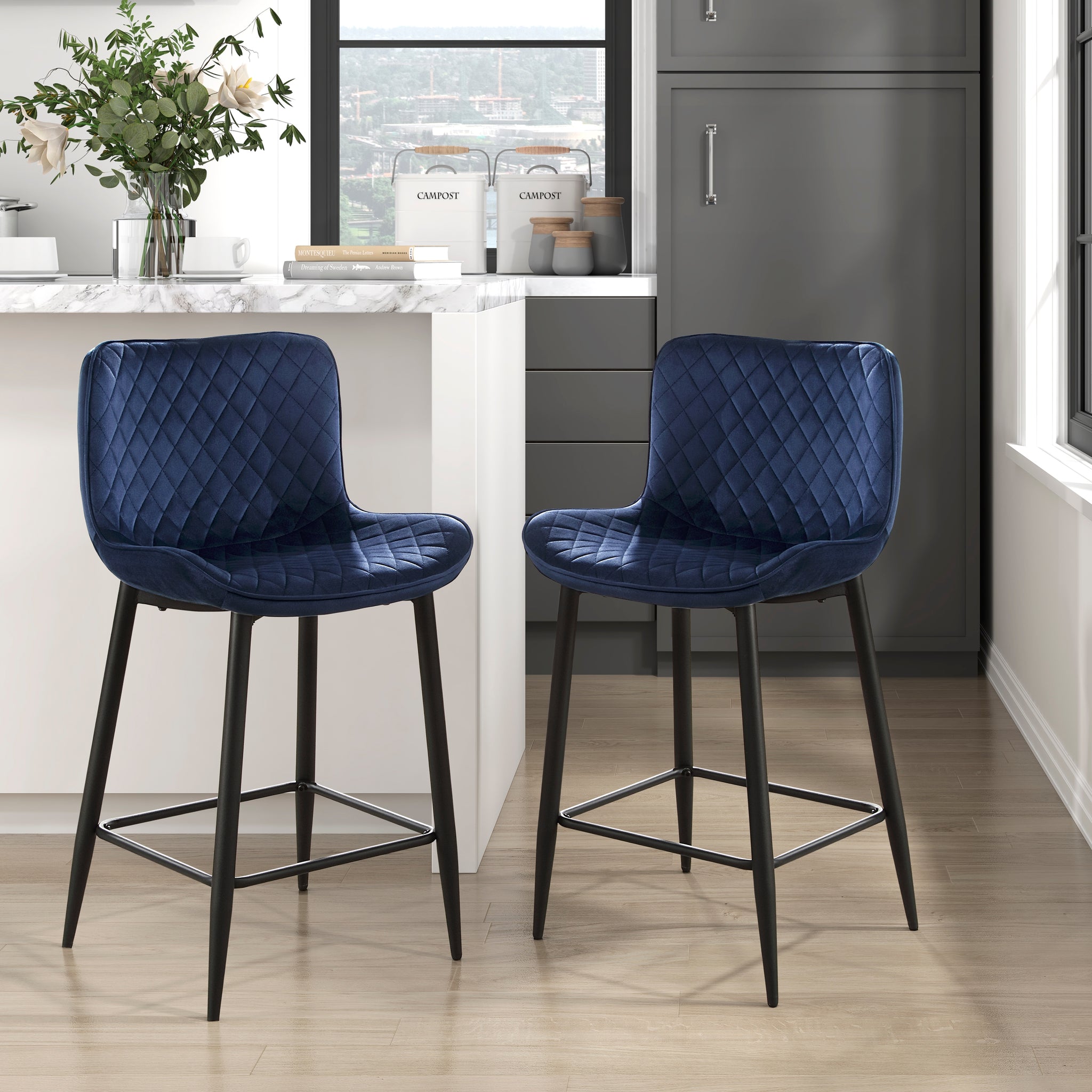 Set Of 2 Counter Height Chairs Dark Blue Velvet Upholstery Modern Casual Dining Furniture Metal Legs, 24 Inch Seat Blue Metal