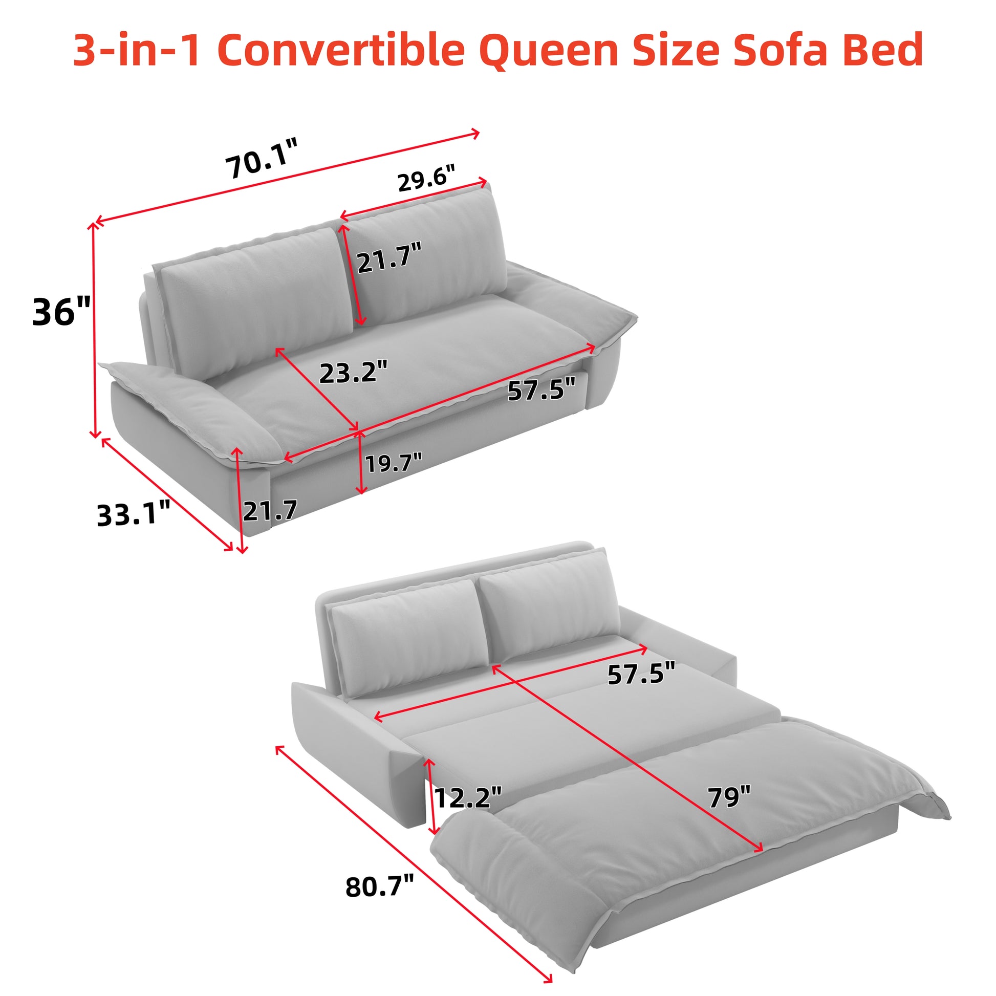 70.1" Queen Pull Out Sofa Bed, 3 In 1 Convertible Sleeper Sofa With 2 Soft Pillows,Multi Functional Velvet Loveseat Bed,Grey Old Sku:W1885P143788 W1885P154642 Grey Velvet 2 Seat