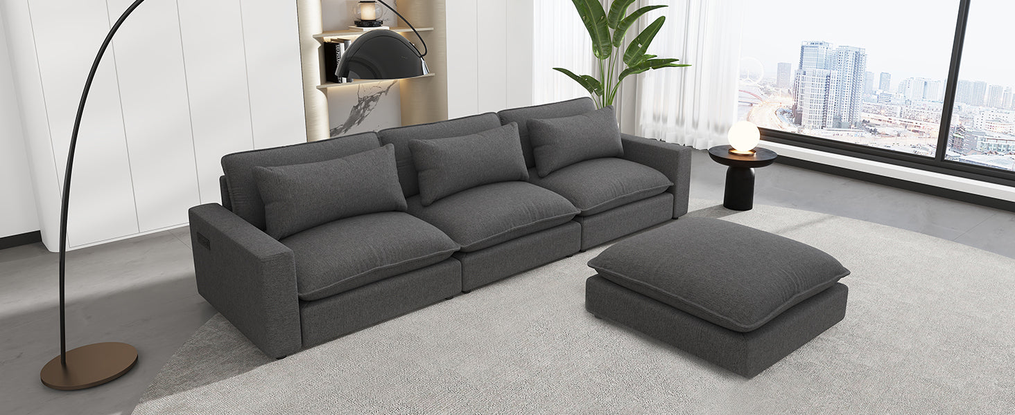 128" Sectional Sofa Cloud Sofa Chenille Upholstered Sofa Couch With Movable Ottoman, Comfortable Seat Cushions, Charging Ports And Three Back Pillows For Living Room, Grey Grey Foam Chenille 4 Seat