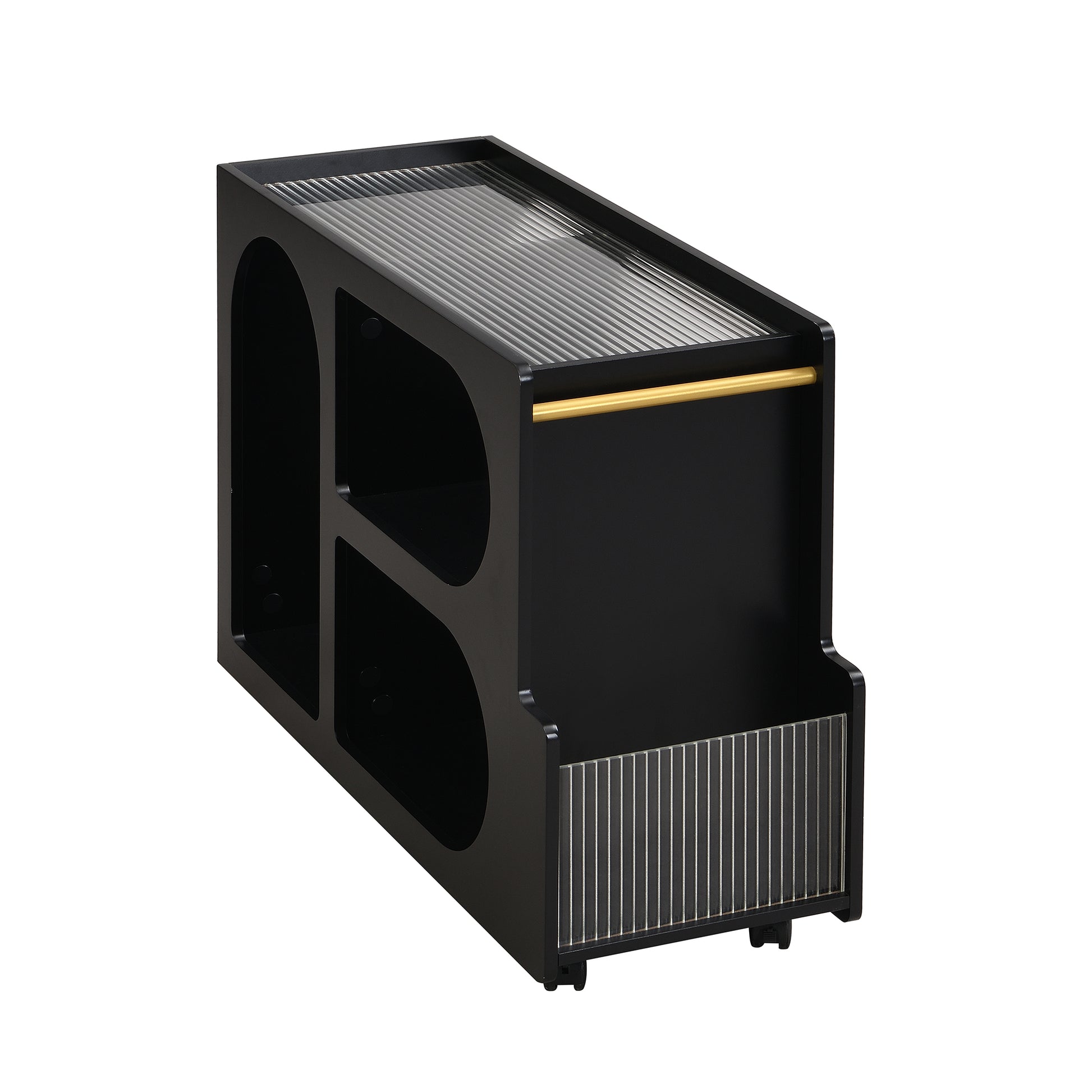 Mobile End Table With Lockable Wheels, Narrow Coffee Table With 5Mm Thick Fluted Tempered Glass, Modern Nightstand With Golden Round Rod, Living Room, Black, 31.5''W X11.8''D X 23.1''H Black Primary Living Space Mdf