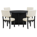 Modern 5 Piece Round Dining Table Set Pedestal Kitchen Table Set With 4 Upholstered Dining Chairs For Studio, Apartment, Small Places, Black Wood Dining Room Solid Wood Rubberwood Round Dining Table With Chair Wood Wood Black Solid Back Seats 4 Farmhouse