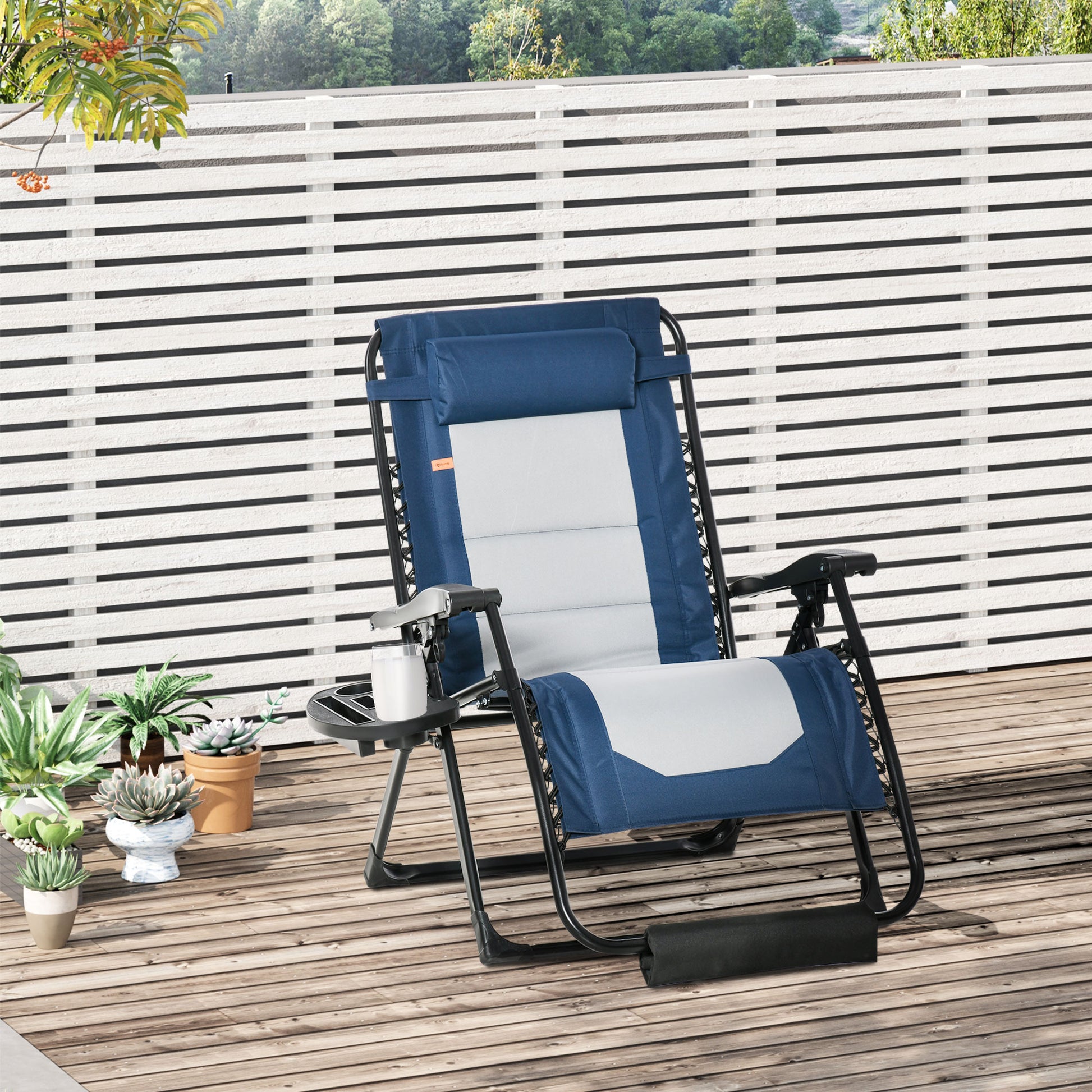 Outsunny Foldable Outdoor Lounge Chair With Footrest, Oversized Padded Zero Gravity Lounge Chair With Headrest, Side Tray, Cup Holders, Armrests For Camping, Lawn, Garden, Blue Blue Steel