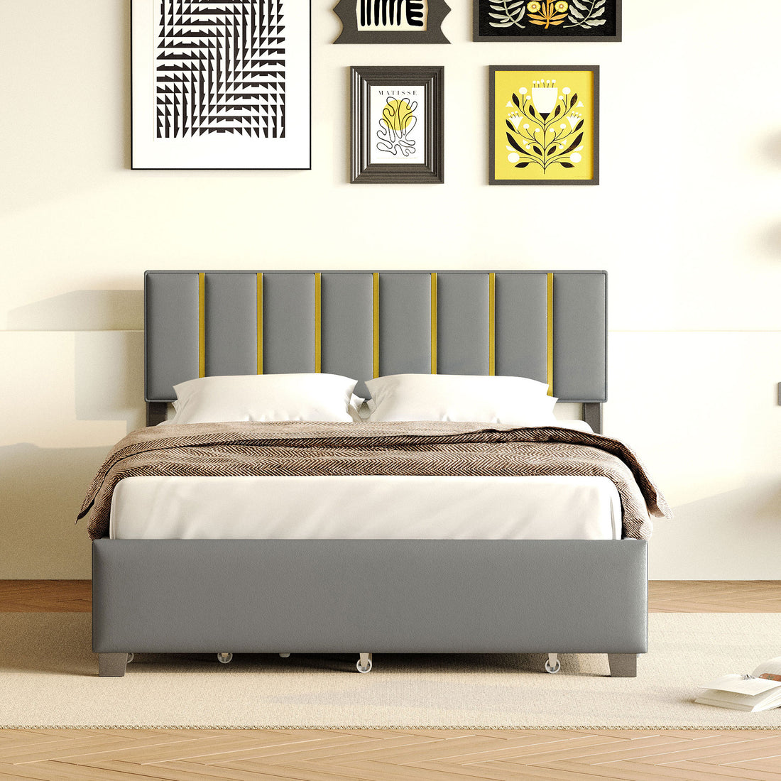 Queen Size Upholstered Platform Bed With 2 Drawers And 1 Trundle, Classic Metal Strip Headboard Design, Grey Queen Gray Mdf Lvl