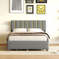 Queen Size Upholstered Platform Bed With 2 Drawers And 1 Trundle, Classic Metal Strip Headboard Design, Grey Queen Gray Mdf Lvl