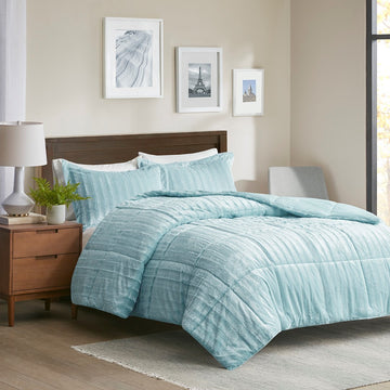 Faux Fur Comforter Mini Set King Teal Blue Polyester