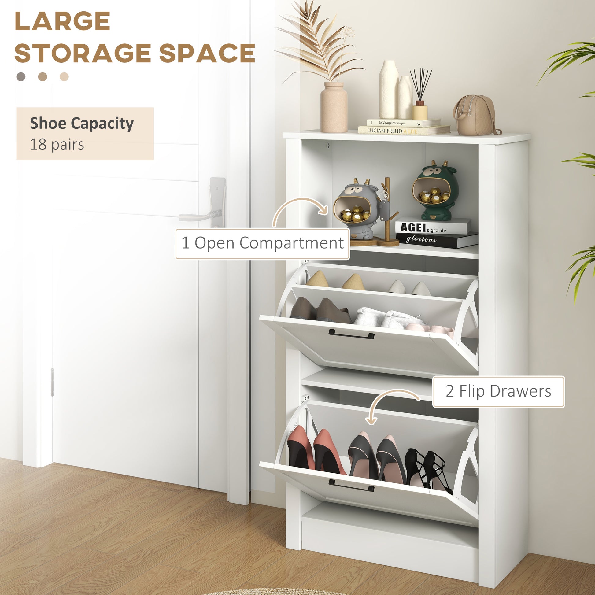 Homcom Shoe Storage Cabinet With Open Compartment And 2 Flip Drawers White Mdf