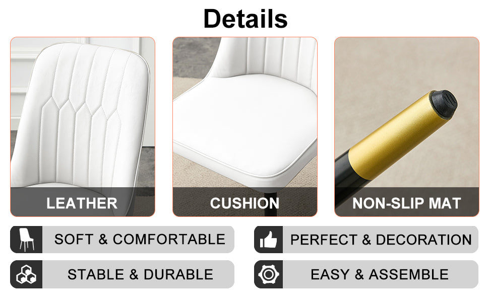 Table And Chair Set.A Morden Table With White Imitation Marble Patterned Stone Burning Tabletop With Golden Metal Legs.Paried With 4 Chairs With Pu Leather Backrest And Black Metal Legs. Black,White Gold Seats 4 Metal,Sintered Stone