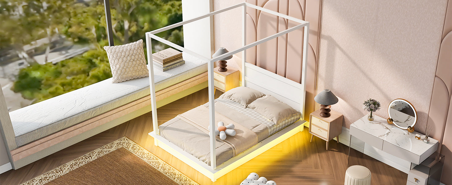 Full Size Wood Led Canopy Bed ,Canopy Platform Bed With Support Slats, No Box Spring Needed, White Full White Plywood