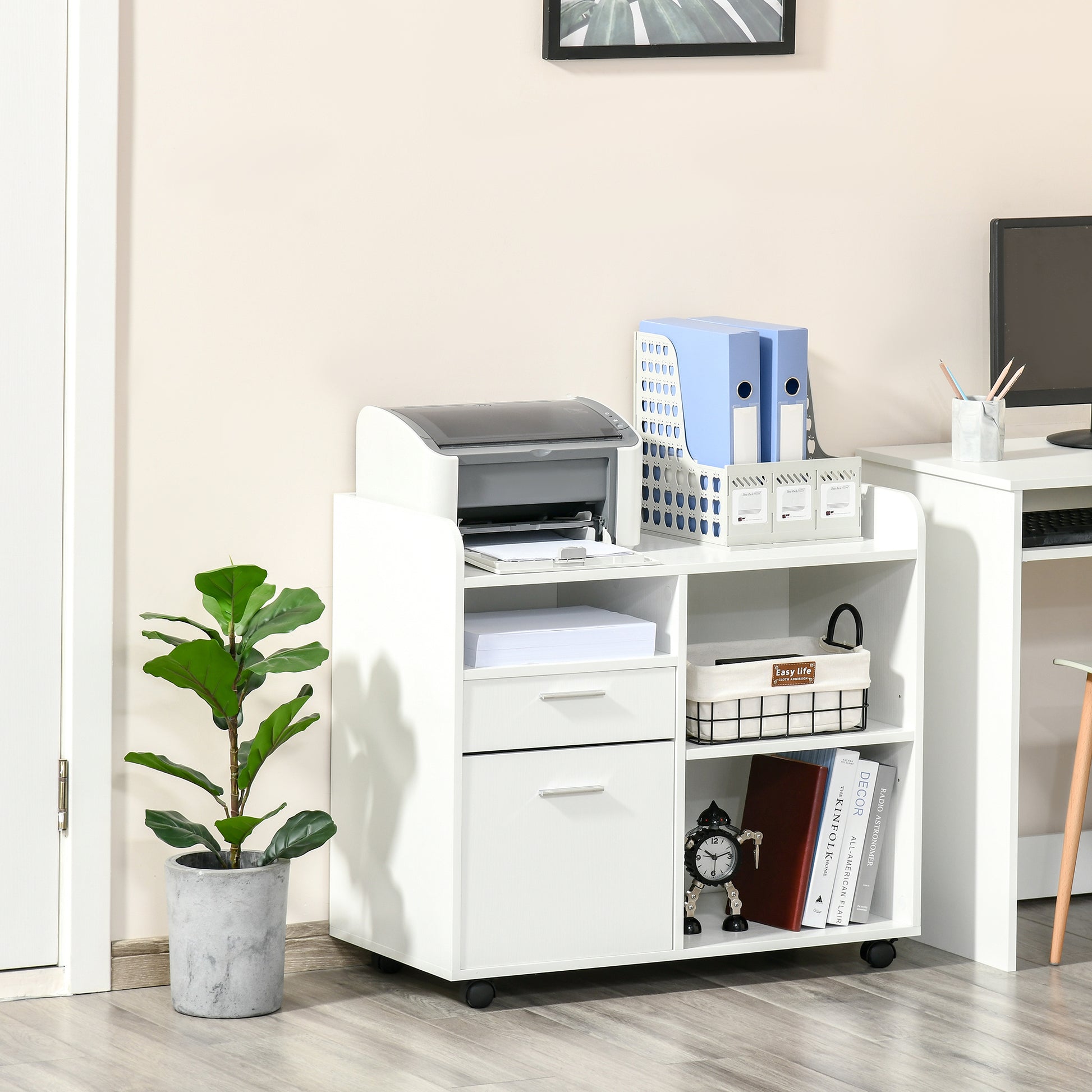 Vinsetto Filing Cabinet Printer Stand Mobile Lateral File Cabinet With 2 Drawers, 3 Open Storage Shelves For Home Office Organization, White White Particle Board