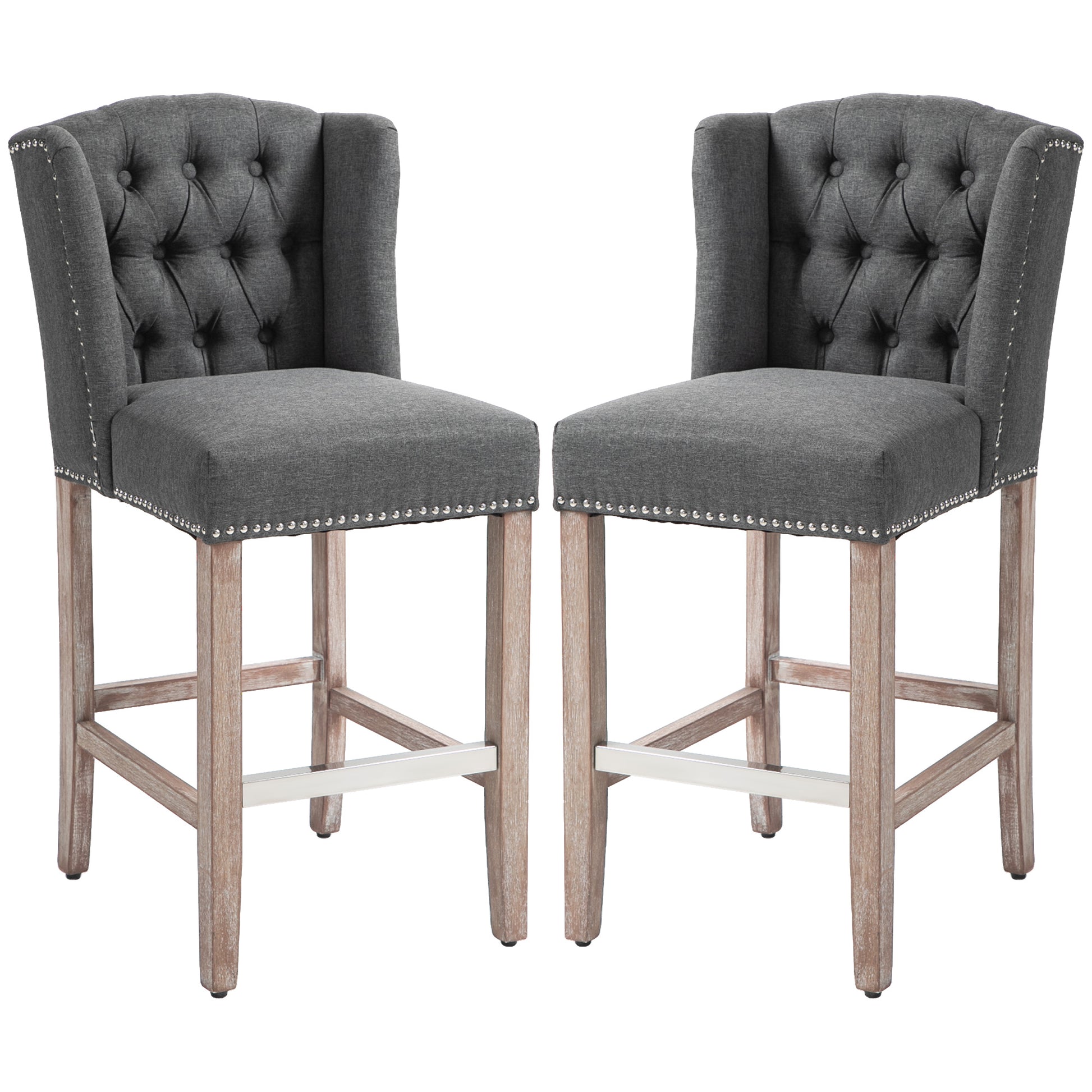 Homcom Counter Height Bar Stools Set Of 2, 27" Seat Height Upholstered Barstools, Farmhouse Kitchen Island Stools With Trim, Tufted Back And Wooden Legs, Dark Gray Dark Gray Polyester