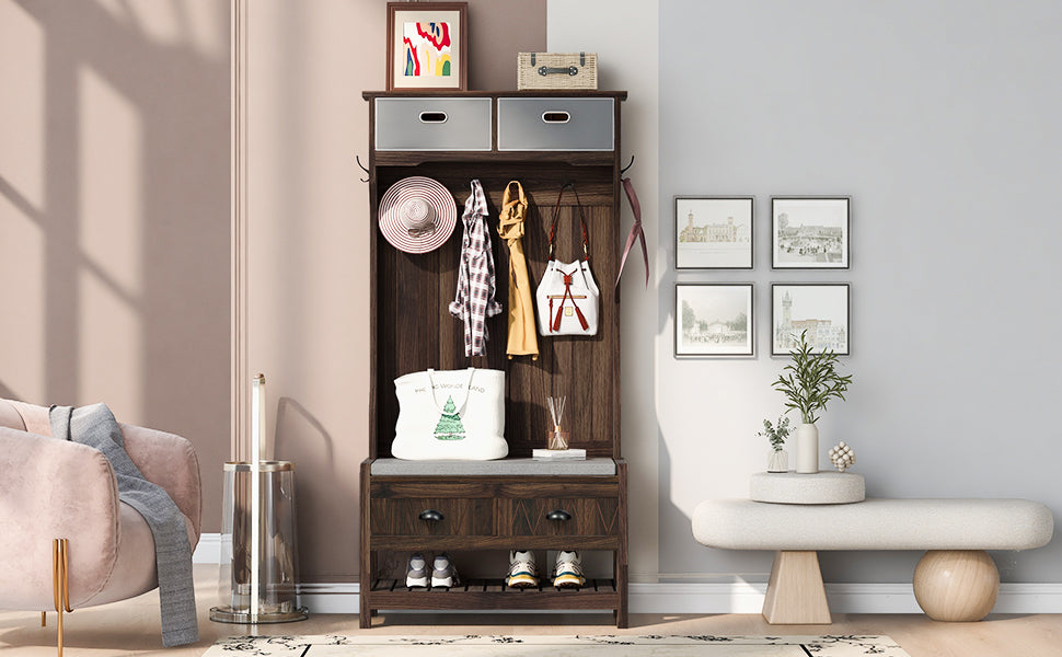 Hall Tree With 6 Hooks And Hinged Lid, Coat Hanger, Entryway Bench, Storage Bench, 3 In 1 Design, 69Inch, For Entrance, Hallway Brown Mdf
