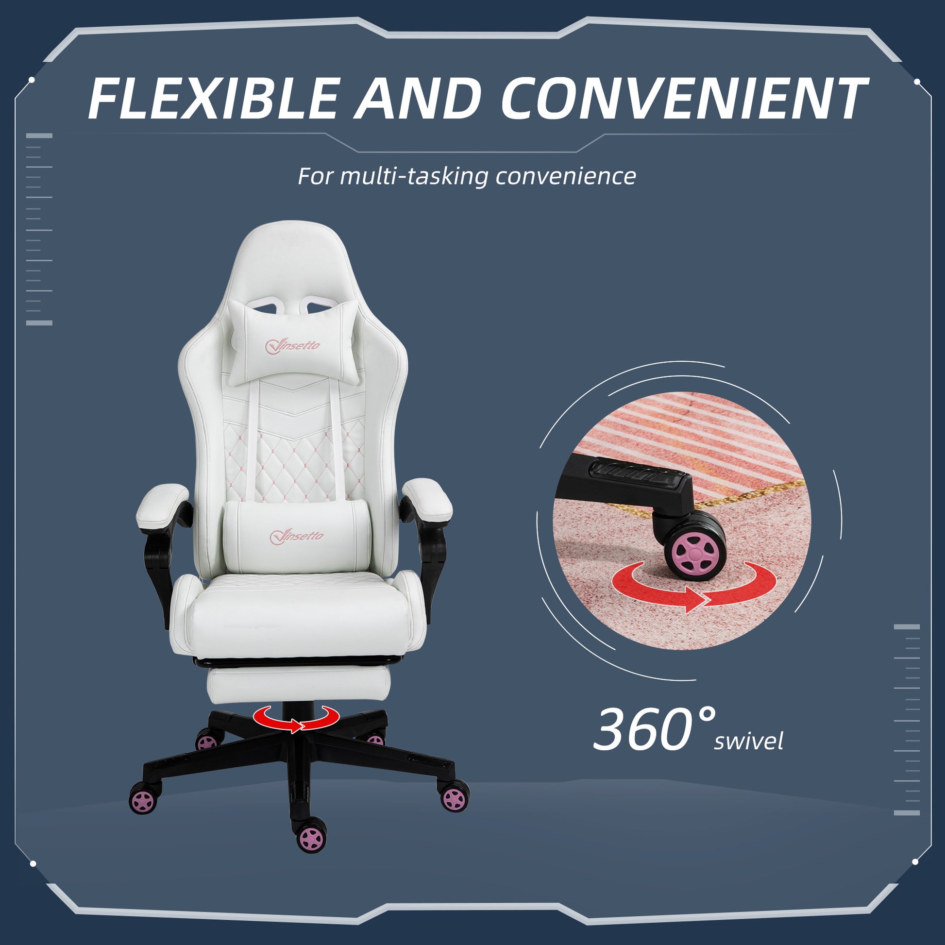 Vinsetto High Back Pu Leather Gaming Chair, Racing Computer Chair With Swivel Wheels, Retractable Footrest, Headrest, Lumbar Support, And Armrest, White And Pink White Faux Leather