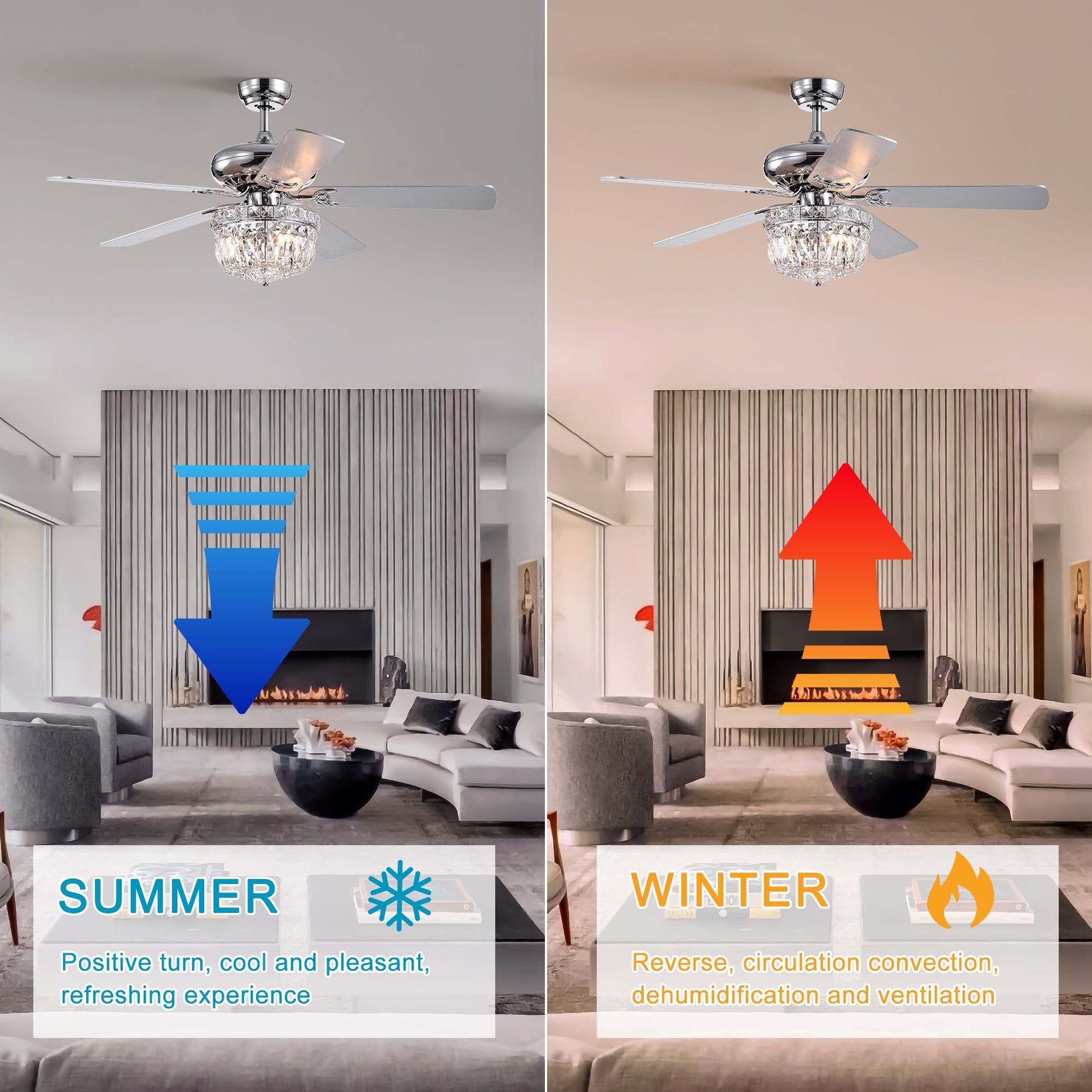 52 Inch Crystal Chandelier Fan Dual Finish Reversible Blades, Fandelier,Ceiling Fan With Remote Control 3 Speed Low,Mid,High For Living Room, Dining Room, Bedroom, Family Room, Chrome Chrome American Traditional,Antique,Classic,Contemporary Crystal Metal